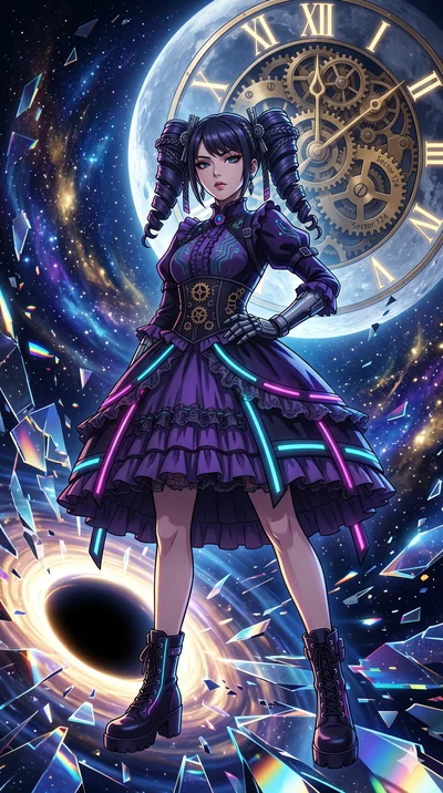 score_9, masterpiece, best quality, ultra-detailed, Set A: High-budget Anime Keyframe, Korean woman. Low angle cowboy shot filling the entire 9:16 frame with her statuesque presence. Theme: Historical Remix. shattering the fabric of reality in the ed