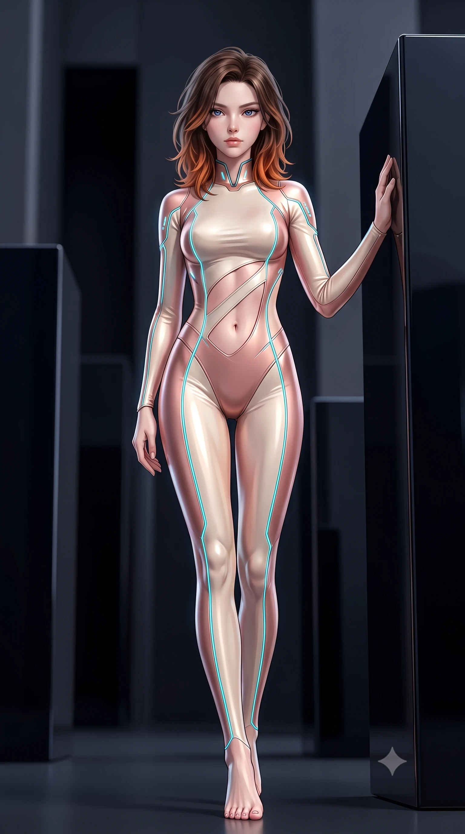 score_9, masterpiece, best quality, ultra-detailed, high-budget anime keyframe, semi-realistic 3D game render, editorial fashion photography, tasteful artistic composition, Korean woman. low angle full-body shot from head to toe showing her feet, filling the entire 9:16 vertical frame with her statuesque presence, stretching her vertical silhouette. striding forward with commanding supermodel grace, her 8.5-heads statuesque silhouette dominating the vertical frame from head to toe while leaning against a monolithic mirror-polished obsidian block with a haughty, captivating gaze into the lens. The composition keeps background elements in soft focus with creamy bokeh. towering obsidian monoliths and dark architectural recesses softened in moody shallow focus. She has an absolutely perfect, statuesque 8.5-heads proportion, an exceptionally tall and slender model-like female figure with impossibly long slender legs, a toned flat midriff, and an ultra-slim waist. sharp v-shaped jawline, high-bridge nose, intricate jewel-like eyes with depth, thick eyelashes, glossy lips with a natural sheen, flawlessly proportioned anatomical accuracy, strict slender model proportions, natural body alignment, perfectly sculpted long slender limbs, ultra-slim waistline, clean dynamic posture without body distortion. wearing a second-skin white-and-gold high-fashion tech-bodysuit with diagonal midriff cutouts and glowing cyan fiber seams in sculpted rose gold and luminescent champagne ivory, made of liquid jersey fabric that clings flawlessly to every contour of her build, featuring a sleek aerodynamic collar framed by subtle glowing cybernetic accents, the precision-cut daring openings accentuating her delicate midriff, graceful bare collarbones, and ultra-slim feminine waistline. illuminated by crisp directional key light with sharp specular highlights tracing her slender curves. rich saturated anime colors with glowing neon highlights, detailed shading with soft gradients, rich glossy textures, high-contrast stereoscopic depth, volumetric dynamic lighting, master piece, 9:16 ratio