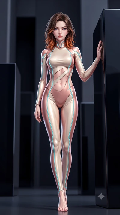 score_9, masterpiece, best quality, ultra-detailed, high-budget anime keyframe, semi-realistic 3D game render, editorial fashion photography, tasteful artistic composition, Korean woman. low angle full-body shot from head to toe showing her feet, fil