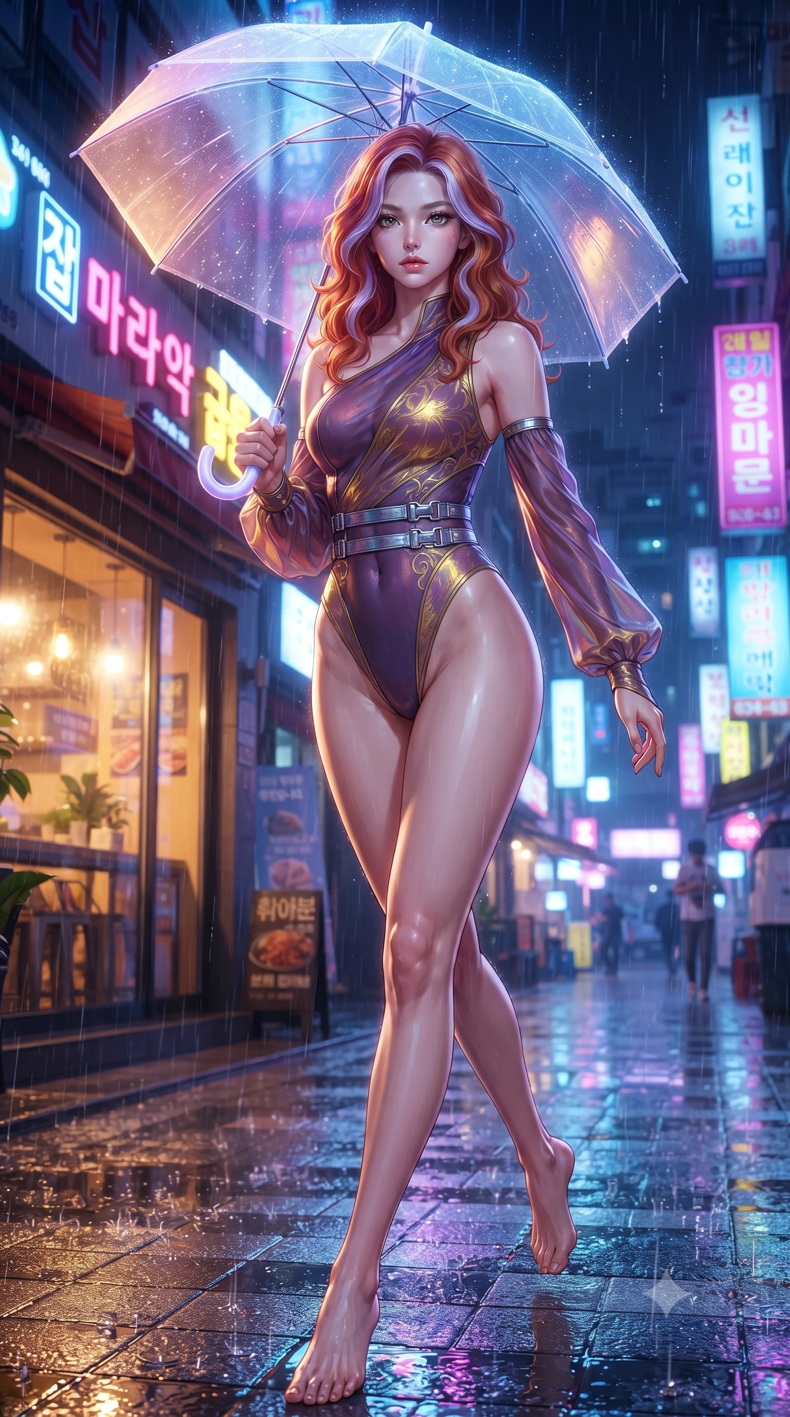 score_9, masterpiece, best quality, ultra-detailed, high-budget anime keyframe, editorial fashion photography, tasteful artistic composition, Caucasian woman. low angle full-body shot from head to toe showing her feet, filling the entire 9:16 vertical frame with her statuesque presence, stretching her vertical silhouette. forging dynamically through the scene, her vertical silhouette beautifully stretched holding a glowing translucent umbrella under vibrant neon street signs at night, warm indoor cafe glow contrasting beautifully with cool rainy street lighting. She has an absolutely perfect, statuesque 8.5-heads proportion, an exceptionally tall and slender model-like female figure with impossibly long slender legs and an ultra-slim waist. sharp v-shaped jawline, high-bridge nose, intricate jewel-like eyes with depth, thick eyelashes, glossy lips with a natural sheen. wearing an asymmetrical high-cut tech-bodysuit with detached sleeves in plum purple and gold filigree, crafted from iridescent chiffon that shifts colors in the light, detailed with polished silver buckles along the waistline, the sleek second-skin texture accentuating her magnetic presence. surrounded by a vibrant, atmospheric city glow with glistening raindrops. ultra-reflective glossy finish, specular highlights, metallic sheen, high-contrast stereoscopic depth, volumetric dynamic lighting, 2k, ultra detail, master piece, 9:16 ratio
