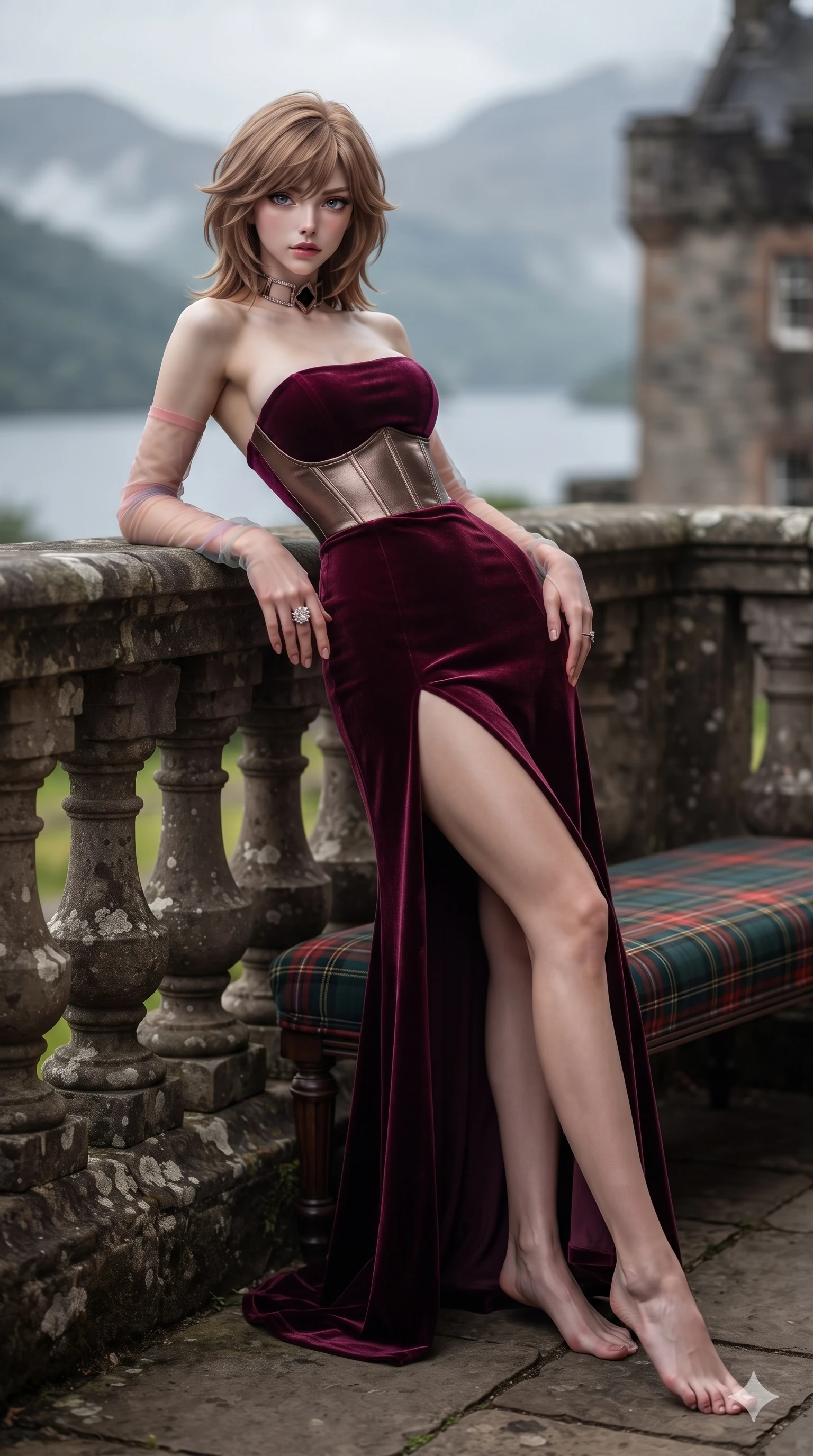 score_9, masterpiece, best quality, ultra-detailed, high-budget anime keyframe, editorial fashion photography, tasteful artistic composition, Korean woman. low angle full-body shot from head to toe showing her feet, filling the entire 9:16 vertical frame with her statuesque presence, stretching her vertical silhouette. leaning deep against the balcony balustrade with hips cocked back in an unapologetically alluring high-fashion stance, casting an intoxicating glance while reclining against a tartan-draped stone bench on the castle parapet, her slender waist and feminine curves highlighted by dramatic highland light. The composition keeps background elements in soft focus with creamy bokeh: bracing mountain loch mist softened in Scottish Highland castle rampart shallow focus. She has an exceptionally tall and slender model-like 8.5-heads proportion, an ultra-slim waist, a flat toned midriff, narrow delicate ribcage, and beautifully sculpted feminine hips creating a graceful, slim hourglass silhouette without any bulky heaviness, with impossibly long slender legs. sharp v-shaped jawline, high-bridge nose, intricate jewel-like eyes with depth, thick eyelashes, glossy parted lips with a natural sheen, intensely captivating and seductive bedroom-eyes expression, flawlessly proportioned anatomical accuracy, strict slender model proportions, natural body alignment, perfectly sculpted long slender limbs, ultra-slim waistline, clean dynamic posture without body distortion. wearing a strapless velvet column gown with deep side slit, metallic leather corset bodice, and sheer opera gloves in prismatic rose-quartz and alien peach, crafted from bespoke double-faced cashmere with an exceptionally soft tactile finish, complemented by a bold geometric choker and sparkling cocktail ring, the precision-cut side openings and low-back scoop framing her graceful spine and the sensual sweep of her slim, toned hips. illuminated by cool misty ambient loch light softly contouring her razor-sharp jawline, narrow waist, and curvy hips. ultra-reflective glossy finish, specular highlights, rich textural contrasts, high-contrast stereoscopic depth, volumetric dynamic lighting, 2k, ultra detail, master piece, 9:16 ratio