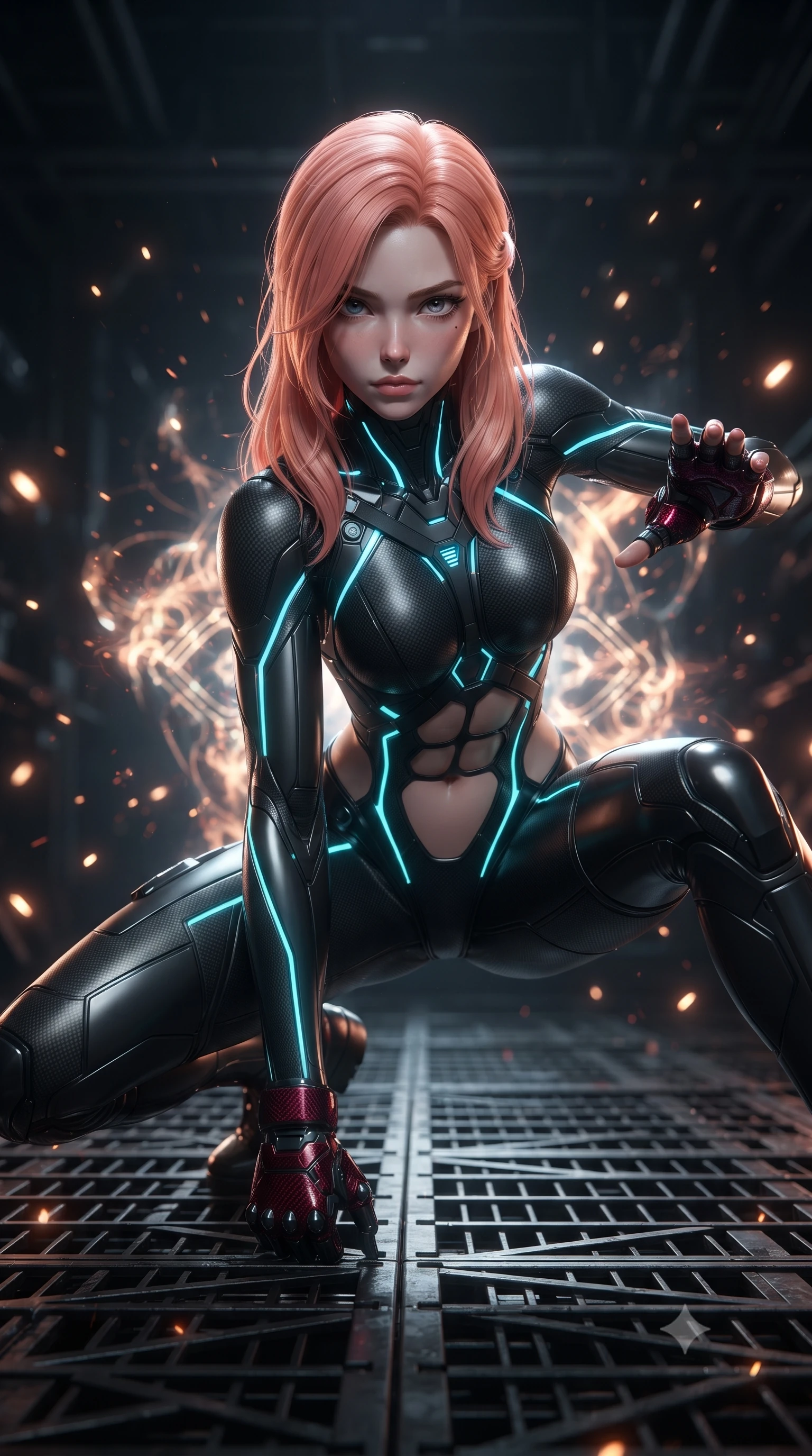score_9, masterpiece, best quality, ultra-detailed, high-budget anime keyframe, editorial fashion photography, tasteful artistic composition, Japanese woman. close-up cowboy shot from the waist and thighs up, the character dominates the composition, filling the frame with her large presence. in a razor-sharp Panzer Kunst fighting guard, one hand extended with palm open in fluid kinetic tension, captivating jewel-like eyes locked onto the viewer with dangerous focus while landing in a low crouched stance with one fist planted on the metal grating, looking up with a dangerous, alluring smolder. The composition keeps background elements in soft focus with creamy bokeh. blazing thermal air ripples and sparks scattering glowing light motes across a dark industrial backdrop. She has an exceptionally elegant, slender, and willowy female figure with an ultra-slim waist, a gracefully sculpted slender torso, toned flat midriff, and a refined slim silhouette. sharp v-shaped jawline, high-bridge nose, intricate jewel-like eyes with depth, thick eyelashes, glossy lips with a natural sheen, flawlessly proportioned anatomical accuracy, strict slender model proportions, natural body alignment, perfectly sculpted long slender limbs, ultra-slim waistline, clean dynamic posture without body distortion. wearing a high-mobility matte-black carbon-fiber combat bodysuit with glowing neon cyan kinetic conduits and Damascus-textured knuckle guards in deep crimson carbon weave with specular dark chrome accents, formed from high-gloss patent carbon-plating with specular chiaroscuro reflections, complemented by criss-cross back harness straps highlighting her completely bare spine, the precision-cut daring openings accentuating her delicate midriff, graceful bare collarbones, and ultra-slim feminine waistline. surrounded by an elemental, fierce, and irresistibly powerful cyber-valkyrie of flame aura. ultra-reflective glossy finish, specular highlights, dark metallic sheen, high-contrast stereoscopic depth, volumetric dynamic lighting, 2k, ultra detail, master piece, 9:16 ratio