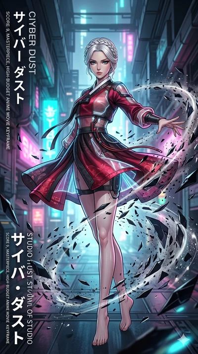 score_9, masterpiece, best quality, ultra-detailed, high-budget anime movie keyframe, cinematic anime lighting, intricate line art, Japanese woman. Dynamic full-body shot stretching the vertical silhouette with extreme perspective. spinning in a rain