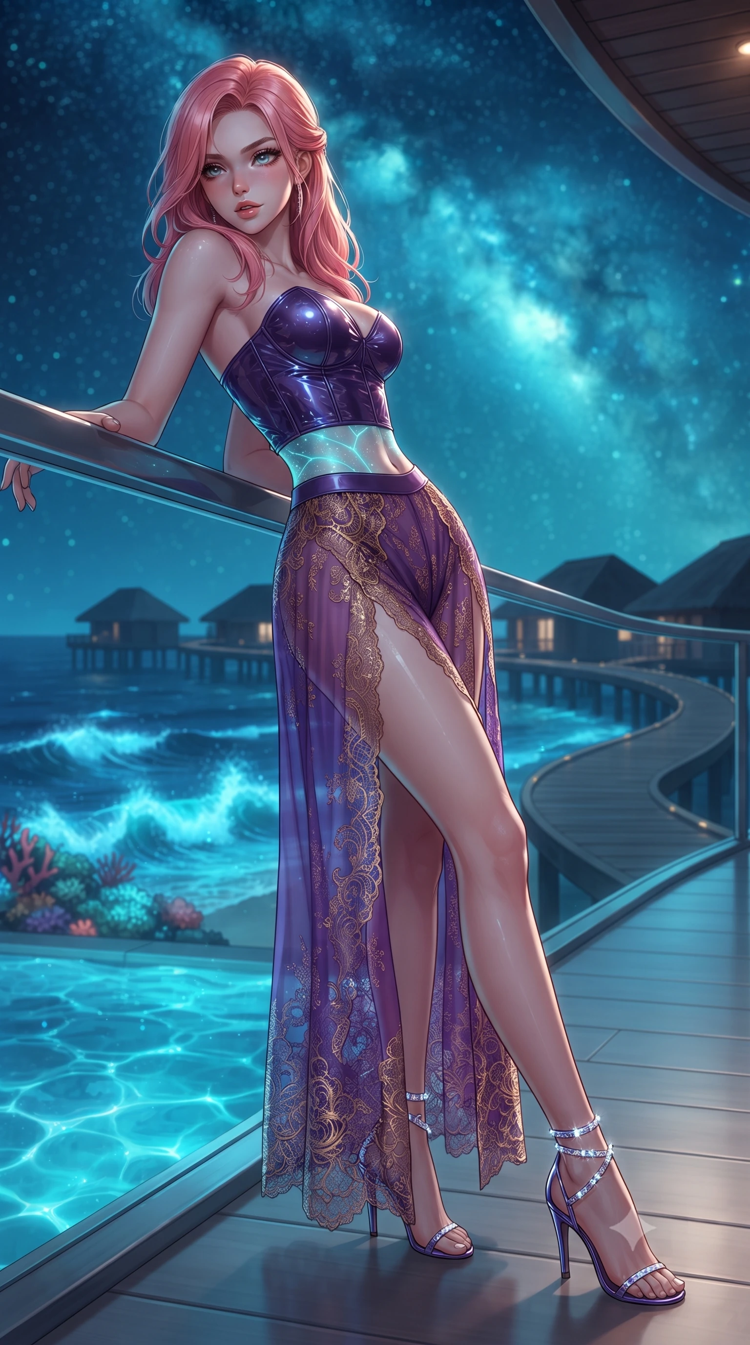score_9, masterpiece, best quality, ultra-detailed, high-budget anime keyframe, editorial fashion photography, tasteful artistic composition, Japanese woman. low angle full-body shot from head to toe showing her feet, filling the entire 9:16 vertical frame with her statuesque presence, stretching her vertical silhouette. leaning deep against the balcony balustrade with hips cocked back in an unapologetically alluring high-fashion stance, casting an intoxicating glance while twisting her slender torso in an alluring contrapposto stance, glowing turquoise water caustics and silver starlight tracing her flat midriff and curvy hips. The background shows a soft-focus neon-blue glowing bioluminescent waves crashing on distant coral reefs, silhouettes of overwater bungalows on winding wooden boardwalks, and Milky Way core blurred into electric cyan, turquoise, and obsidian bokeh. She has an absolutely perfect, statuesque 8.5-heads proportion, an exceptionally tall and slender model-like female figure with impossibly long slender legs, an ultra-slim waist, a flat toned midriff, narrow delicate ribcage, and beautifully sculpted feminine hips creating a graceful, slim hourglass silhouette without any bulky heaviness. sharp v-shaped jawline, high-bridge nose, sparkling eyes with hypnotic seductive depth, thick curled eyelashes, glossy parted lips with a natural dewy peach sheen, alluring bedroom-eyes with an enchanting coquettish smile, exuding magnetic siren charisma and sophisticated glamour, flawlessly proportioned anatomical accuracy, strict slender model proportions, natural body alignment, perfectly sculpted long slender limbs, ultra-slim waistline, clean dynamic posture without body distortion. wearing a wet-look form-fitting vinyl bustier paired with sheer chiffon high-slit wide-leg trousers in royal amethyst purple and gilded bronze, made of delicate semi-sheer French Chantilly lace with intricate eyelash edges, complemented by strappy stiletto sandals with crystal ankle wraps accentuating her slender calves, the glove-like clinging cut tightly following the natural contour of her hips and long slender legs with youthful 8.5-heads elegance. illuminated by underwater pool reflection bounce and sharp platinum-turquoise rim lights sculpting her razor-sharp jawline, narrow waist, and curvy hips. ultra-reflective glossy finish, specular highlights, rich textural contrasts, high-contrast stereoscopic depth, volumetric dynamic lighting, 2k, ultra detail, master piece, 9:16 ratio