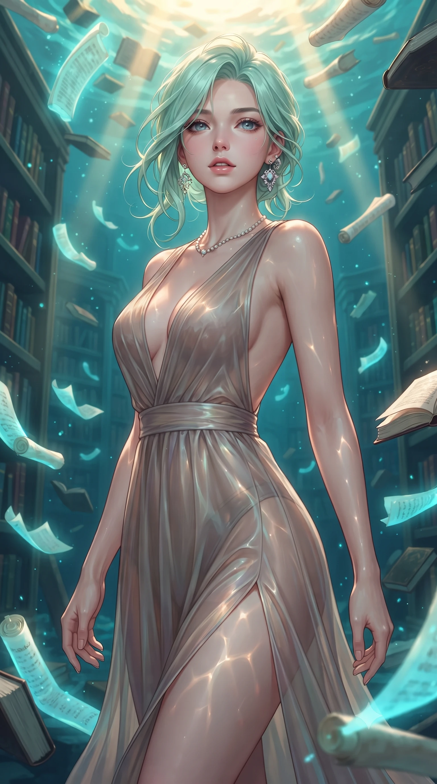 score_9, masterpiece, best quality, ultra-detailed, high-budget anime keyframe, editorial fashion photography, tasteful artistic composition, Japanese woman. close-up cowboy shot from the waist and thighs up, the character dominates the composition, filling the frame with her large presence, background elements kept in soft focus. Tilting her chin up slightly with lips parted in a magnetic, composed expression navigating a submerged ancient library surrounded by floating glowing scrolls, golden sunbeams penetrating deep turquoise water creating caustic light patterns. She has an exceptionally elegant, slender, and willowy female figure with an ultra-slim waist, a gracefully sculpted slender torso, and a refined silhouette. sharp v-shaped jawline, high-bridge nose, intricate jewel-like eyes with depth, thick eyelashes, glossy lips with a natural sheen. wearing a translucent iridescent chiffon gown with a plunging neckline and open back in muted taupe and soft ivory, crafted from smooth liquid silk, finished with a sleek side slit ascending to mid-thigh, the form-contouring material highlighting her ultra-slim waist and long lines. illuminated by luminous aqua bioluminescence and warm golden top lighting. highly saturated vibrant anime colors, detailed shading with soft gradients, rich glossy textures, high-contrast stereoscopic depth, volumetric dynamic lighting, master piece, 9:16 ratio