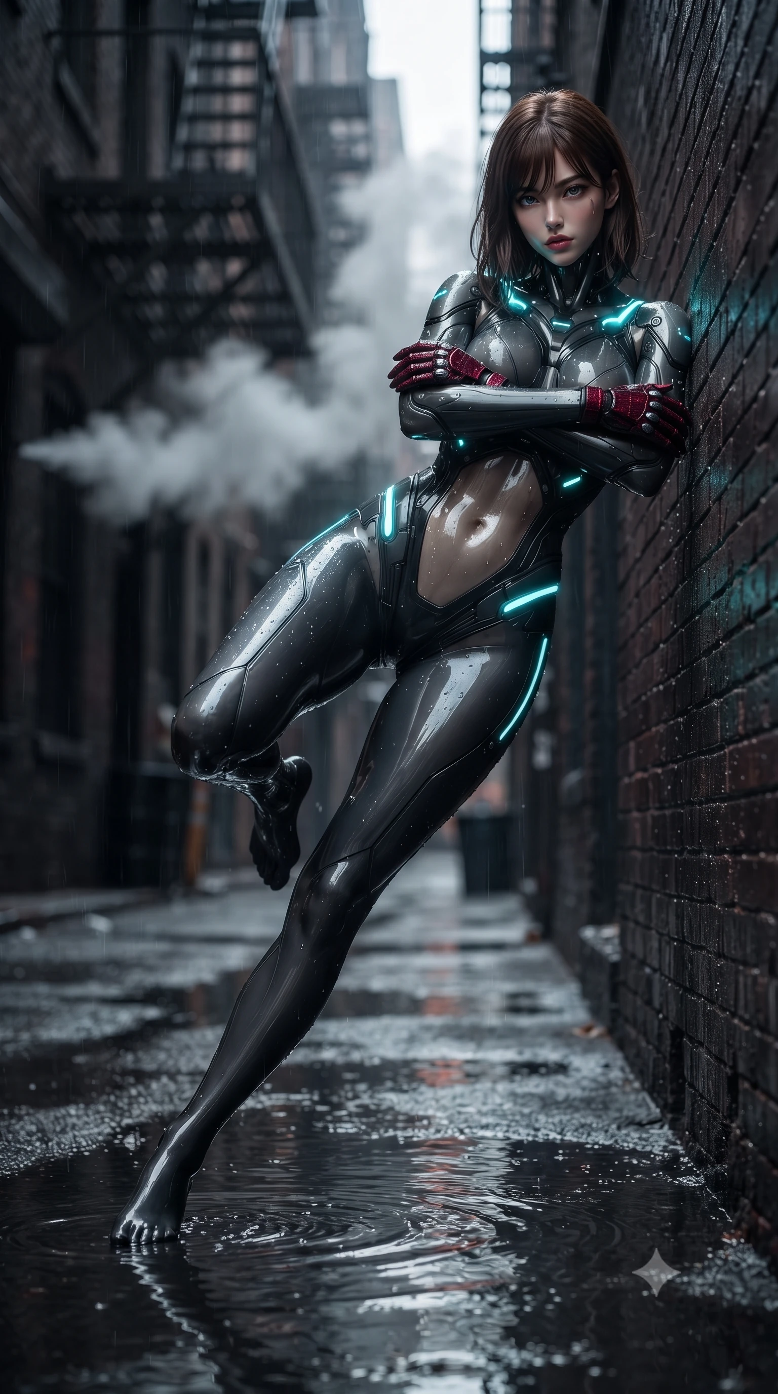 score_9, masterpiece, best quality, ultra-detailed, high-budget anime keyframe, editorial fashion photography, tasteful artistic composition, Korean woman. low angle full-body shot from head to toe showing her feet, filling the entire 9:16 vertical frame with her statuesque presence, stretching her vertical silhouette. pivoting dynamically in a high-speed low sweep kick along the reflective floor, her athletic torso and ultra-slim waist twisting in a fluid arc of power while leaning against a rain-streaked brick wall with arms crossed loosely, casting a smoldering, haughty gaze into the lens. The composition keeps background elements in soft focus with creamy bokeh. dark alleyway fire escapes and rising steam plumes softened in moody shallow focus. She has an absolutely perfect, statuesque 8.5-heads proportion, an exceptionally tall and slender model-like female figure with impossibly long slender legs, a toned flat midriff, and an ultra-slim waist. sharp v-shaped jawline, high-bridge nose, intricate jewel-like eyes with depth, thick eyelashes, glossy lips with a natural sheen, flawlessly proportioned anatomical accuracy, strict slender model proportions, natural body alignment, perfectly sculpted long slender limbs, ultra-slim waistline, clean dynamic posture without body distortion. wearing a high-mobility matte-black carbon-fiber combat bodysuit with glowing neon cyan kinetic conduits and Damascus-textured knuckle guards in deep crimson carbon weave with specular dark chrome accents, crafted from semi-translucent cybernetic carbon-vinyl interwoven with glowing micro-filaments, accented with glowing fiber-optic conduits tracing her collarbones and hip curves, the sleek second-skin cut tightly hugging her graceful clavicle, narrow waist, and feminine curves with athletic precision. illuminated by wet reflective highlights tracing her sculpted flat midriff, waist, and long legs. ultra-reflective glossy finish, specular highlights, dark metallic sheen, high-contrast stereoscopic depth, volumetric dynamic lighting, 2k, ultra detail, master piece, 9:16 ratio