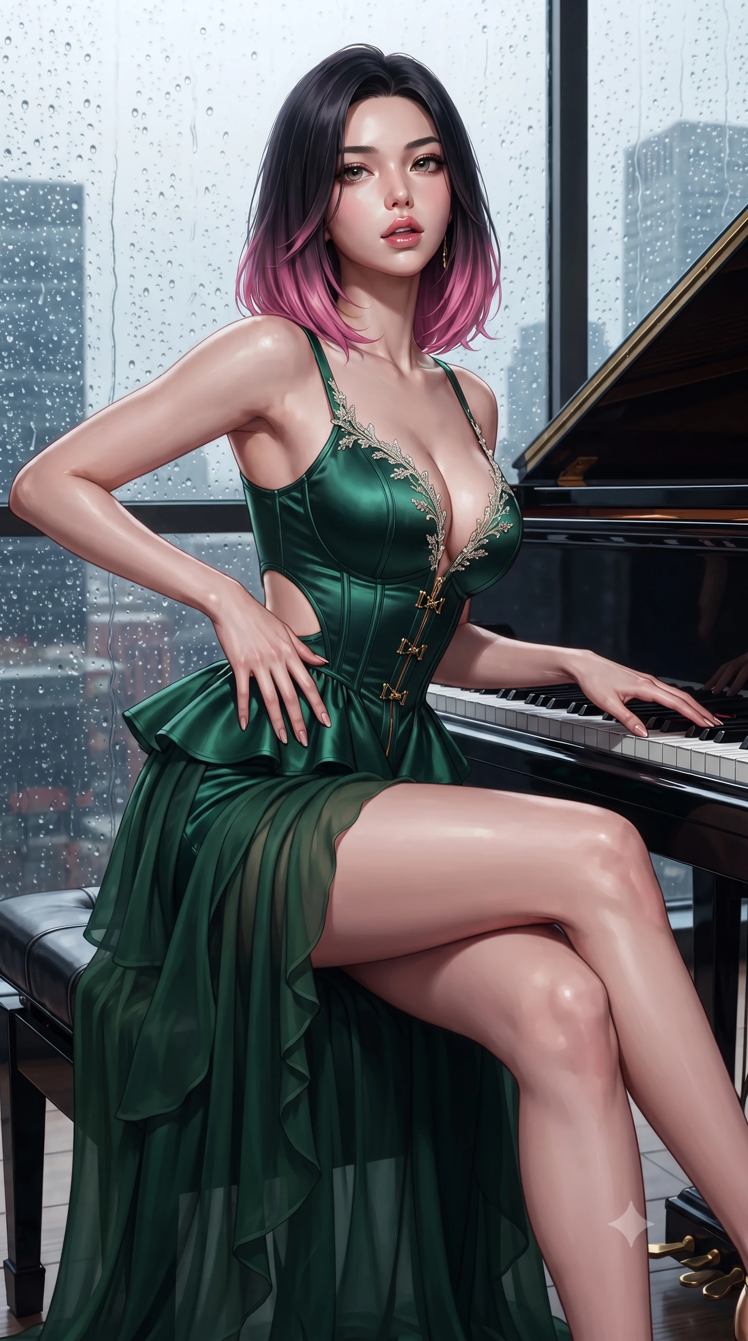 score_9, masterpiece, best quality, ultra-detailed, high-budget anime keyframe, editorial fashion photography, tasteful artistic composition, Korean woman. close-up cowboy shot from the waist and thighs up, the character dominates the composition, filling the frame with her large presence. resting one manicured hand delicately on her hip bone, her upper body turning in a fluid, seductive S-curve while parted lips glisten in the light while sitting sideways on the piano bench with legs crossed and hips tilted toward the camera, running her fingers lightly across the keys with parted glossy lips. The surrounding environment is rendered in vivid detail and crisp panoramic clarity. detailed wet glass raindrop beads, silk dress drape folds, and city skyline architecture in high clarity. She has an exceptionally elegant, slender, and willowy female figure with an ultra-slim waist, a gracefully sculpted slender torso, toned flat midriff, and rounded feminine hips creating an alluring hourglass silhouette. sharp v-shaped jawline, high-bridge nose, intricate jewel-like eyes with depth, thick eyelashes, glossy parted lips with a natural sheen, intensely captivating and seductive bedroom-eyes expression, flawlessly proportioned anatomical accuracy, strict slender model proportions, natural body alignment, perfectly sculpted long slender limbs, ultra-slim waistline, clean dynamic posture without body distortion. wearing a modern peplum corset dress with side-waist diamond cutouts and an ultra-tight silhouette in deep emerald green satin and gold hardware, woven from layered gossamer chiffon with a weightless sweeping drape, finished with delicate crystal frost embroidery tracing the plunging neckline, the glove-like aerodynamic silhouette tightly following the natural contour of her hips and long slender legs with statuesque precision. illuminated by sleek metallic reflections sculpting her sculpted collarbones, ultra-slim waist, and curvy hips. ultra-reflective glossy finish, specular highlights, rich textural contrasts, high-contrast stereoscopic depth, volumetric dynamic lighting, 2k, ultra detail, master piece, 9:16 ratio