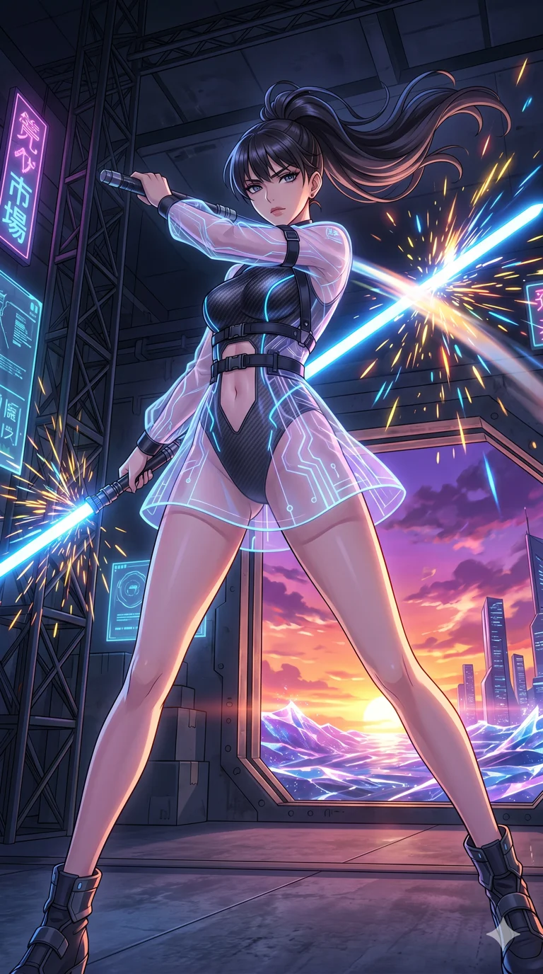 score_9, masterpiece, best quality, ultra-detailed, High-budget Anime Keyframe, vibrant colors, fluid line-art, expressive lighting, cinematic composition, Ufotable-style visual effects, top-tier animation quality, Japanese woman with delicate and elegant anime-inspired features. Wide-angle low shot emphasizing her impossibly long slender legs and commanding stature. Wielding a dual-bladed light-saber in a high-stakes duel within an underground cyber-arena, sparks flying as she deflects incoming attacks. She has an absolutely perfect 8-heads proportion, an exceptionally tall and slender female figure with impossibly long slender legs and an ultra-slim waist, her statuesque height and towering silhouette dominating the vertical 9:16 frame. Her face is a masterpiece featuring a sharp v-shaped jawline, high-bridge nose, intricate jewel-like eyes with depth, thick eyelashes, and glossy lips with a natural sheen. She is wearing a Transparent mini-dress with glowing internal circuits and a high-cut structural leotard crafted from Carbon-fiber weave with a high-tech matte finish and integrated glowing filaments, with an exposed midriff and a complex harness system that draws the eye. The scene is set in a vibrant sunset over a futuristic crystalline ocean with waves made of liquid light, illuminated by cinematic lighting with dramatic rim light that highlights her slender silhouette. 2k, ultra detail, master piece, 9:16 ratio