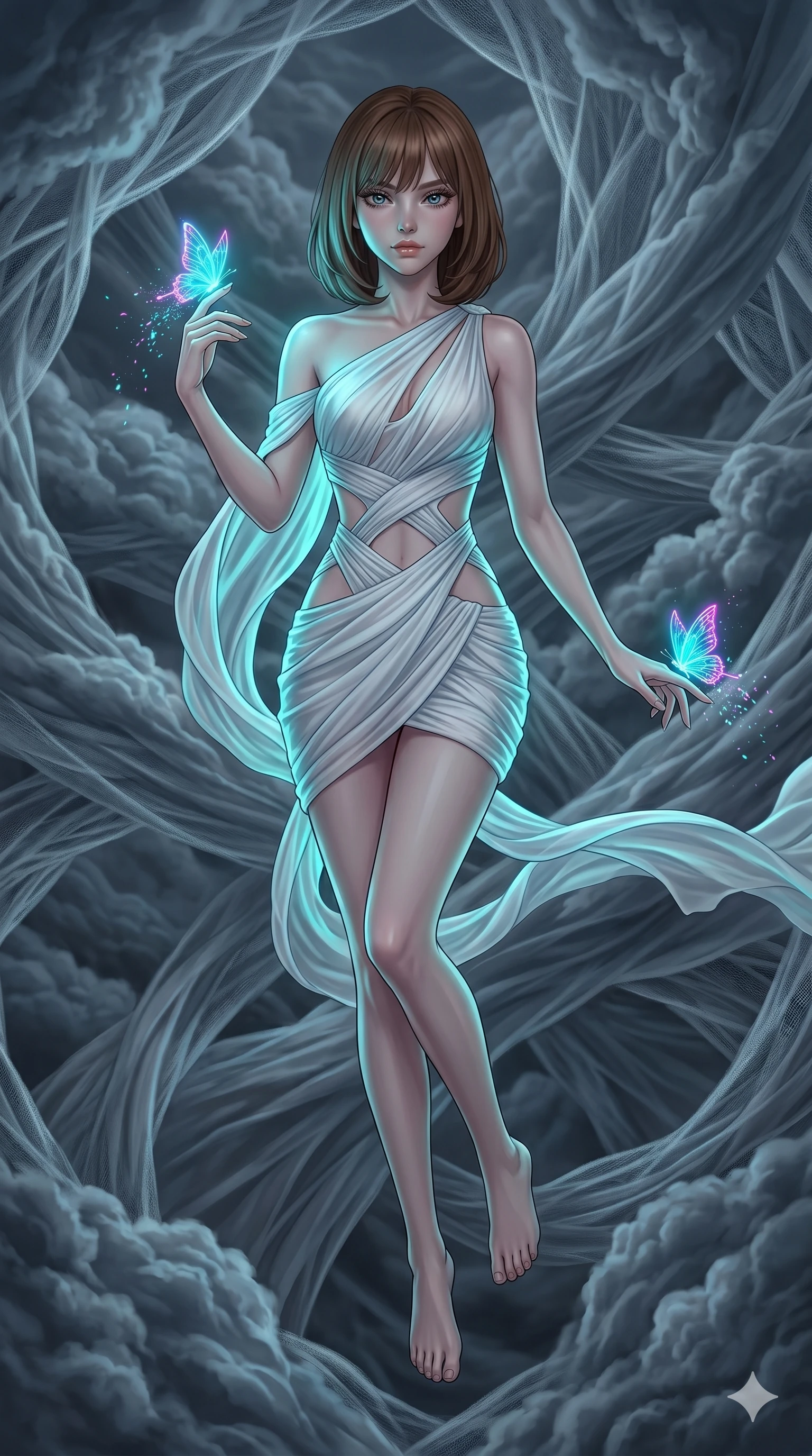 score_9, masterpiece, best quality, ultra-detailed, high-budget anime keyframe, editorial fashion photography, tasteful artistic composition, Caucasian woman, strictly human ears. upper body close-up from the thighs up, character filling the screen for maximum presence. floating suspended above through a volumetric cloud weave where storm clouds are spun like silk thread while glowing neon butterflies disintegrate into micro-sparks at her touch. She has an absolutely perfect 8-heads proportion, an exceptionally tall and slender female figure with impossibly long slender legs and an ultra-slim waist. V-shaped jawline, high-bridge nose, intricate jewel-like eyes with depth, thick eyelashes, glossy lips with a natural sheen.. wearing an asymmetric chiffon draped couture mini dress, featuring draped white chiffon fabric twisting around her body with elegant diamond cutouts on the waist. lit by a cool cybernetic cyan glow that highlights the contours of her slender form. 2k, ultra detail, master piece, 9:16 ratio