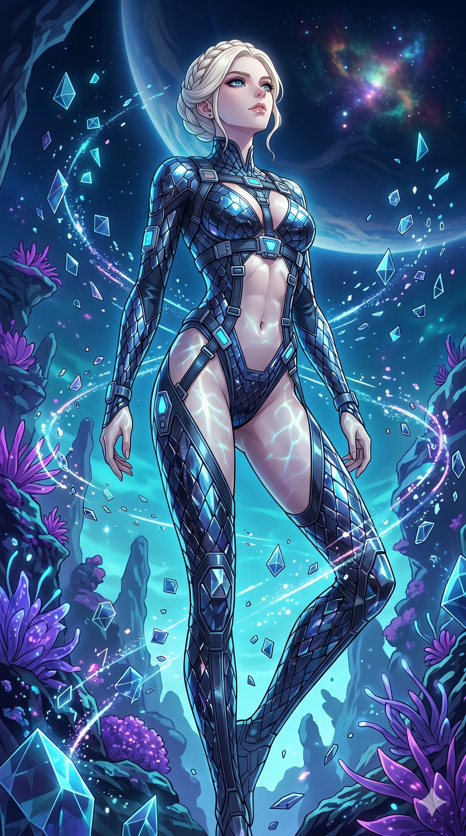 score_9, masterpiece, best quality, ultra-detailed, High-budget Anime Keyframe, vibrant colors, fluid line-art, expressive lighting, cinematic composition, Ufotable-style visual effects, top-tier animation quality, Caucasian woman with pale skin, blonde hair, and (strictly human ears). Low angle cowboy shot filling the entire 9:16 frame with her statuesque presence, looking up to emphasize her height. Navigating a surreal sea of floating geometric shapes and crystalline structures within a digital void, the environment reacting to her presence. She has an absolutely perfect 8-heads proportion, an exceptionally tall and slender female figure with impossibly long slender legs and an ultra-slim waist, her statuesque height and towering silhouette dominating the vertical 9:16 frame. Her face is a masterpiece featuring a sharp v-shaped jawline, high-bridge nose, intricate jewel-like eyes with depth, thick eyelashes, and glossy lips with a natural sheen. She is wearing a Futuristic pilot suit with an exposed midriff and a high-cut structural frame crafted from Obsidian-glass scales that shimmer with a dark, crystalline brilliance, with an exposed midriff and a complex harness system that draws the eye. The scene is set in a mysterious alien planet with bioluminescent purple flora and a giant ringed planet in the sky, illuminated by underwater caustic lighting with ripples of light dancing across her body. 2k, ultra detail, master piece, 9:16 ratio