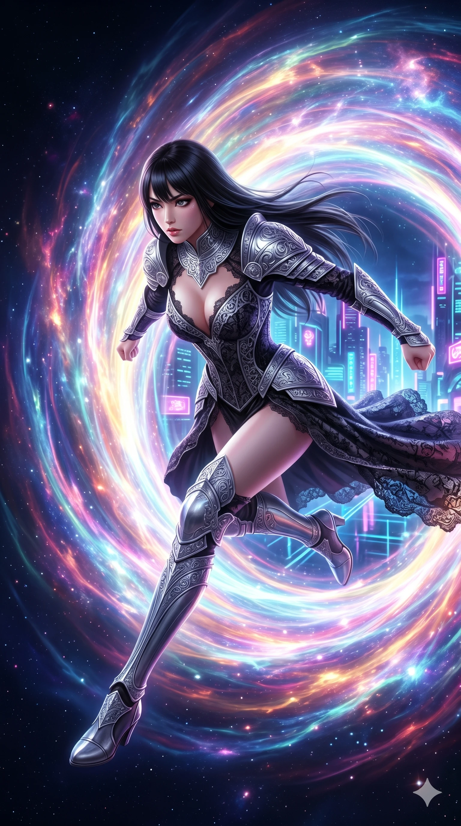 score_9, masterpiece, best quality, ultra-detailed, Set A: Photorealistic 8k CG, Japanese woman. Low angle cowboy shot filling the entire 9:16 frame with her statuesque presence. Leaping through a portal made of swirling light and color into a futuristic city. She has an absolutely perfect 8-heads proportion, an exceptionally tall and slender female figure with elegant long slender legs and an slender waist. Sharp v-shaped jawline, high-bridge nose, intricate jewel-like eyes with depth, thick eyelashes, glossy lips. Wearing a Dark Fantasy outfit: gothic lace corset gown with silver armor and a v-neckline. Background is a bright and colorful transition between a cosmic void and a neon-lit metropolis. 2k, ultra detail, master piece, 9:16 ratio