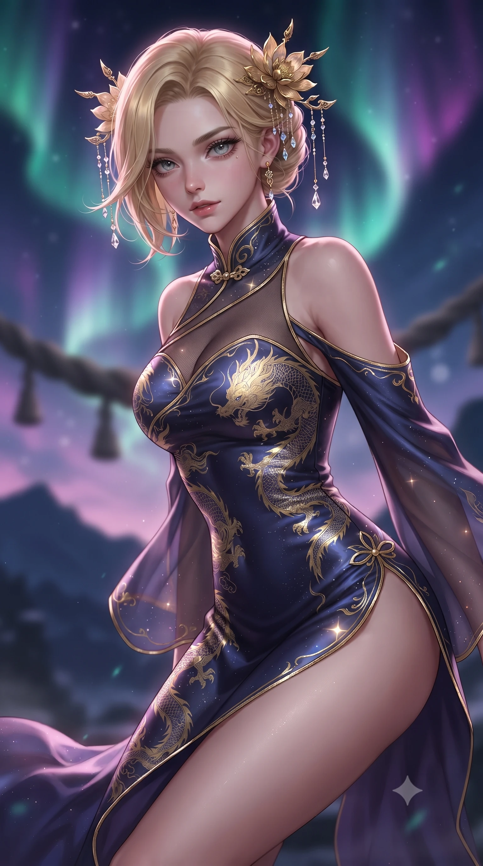 score_9, masterpiece, best quality, ultra-detailed, high-budget anime keyframe, editorial fashion photography, tasteful artistic composition, Caucasian woman. close-up cowboy shot from the waist and thighs up, the character dominates the composition, filling the frame with her large presence. leaning forward with playful, captivating grace, her sculpted collarbones and slender neckline highlighted by directional light while pivoting dynamically as sacred shimenawa ropes sway in the mountain wind, her flowing silk sleeves catching the celestial glow. The composition keeps background elements in soft focus with creamy bokeh. swirling emerald and violet aurora ribbons and dark mountain silhouettes blurred into deep indigo, magenta, and teal bokeh. She has an exceptionally elegant, slender, and willowy female figure with an ultra-slim waist, a gracefully sculpted slender torso, toned flat midriff, and a refined slim silhouette. sharp v-shaped jawline, high-bridge nose, intricate jewel-like eyes with depth, thick eyelashes, glossy lips with a natural sheen, captivating and magnetic expression, flawlessly proportioned anatomical accuracy, strict slender model proportions, natural body alignment, perfectly sculpted long slender limbs, ultra-slim waistline, clean dynamic posture without body distortion. wearing a dragon-embroidered silk cheongsam modern dress with asymmetrical sheer mesh cutouts and high Mandarin collar in midnight indigo and glowing starlight gold, tailored from traditional lustrous satin with delicate hand-stitched borders, finished with delicate golden lotus hairpins and dangling crystal beads, the form-contouring material adhering flawlessly to her sculpted flat midriff and slender torso, emphasizing her long leg lines and perfectly proportioned willowy build. illuminated by crisp directional rim lighting accentuating her slender curves, bare spine, and flowing robes. ultra-reflective glossy finish, specular highlights, rich textural contrasts, high-contrast stereoscopic depth, volumetric dynamic lighting, 2k, ultra detail, master piece, 9:16 ratio