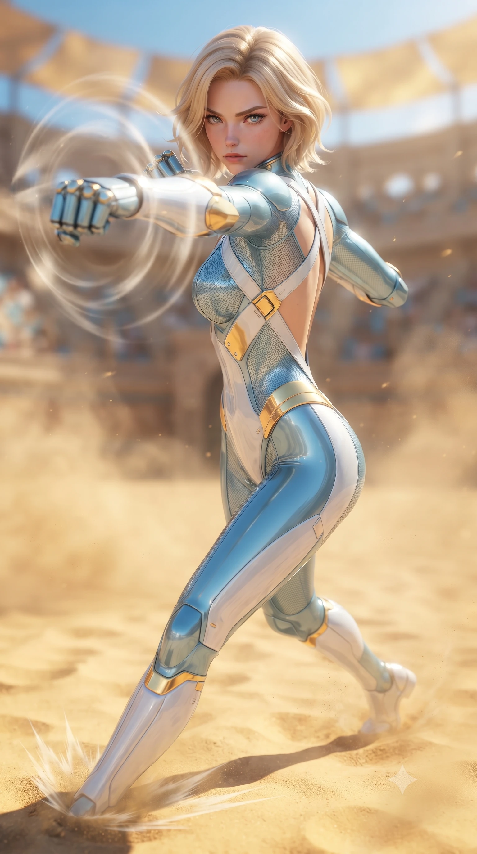 score_9, masterpiece, best quality, ultra-detailed, high-budget anime keyframe, editorial fashion photography, tasteful artistic composition, Caucasian woman. close-up cowboy shot from the waist and thighs up, the character dominates the composition, filling the frame with her large presence. thrusting a high-speed kinetic punch toward the camera, a visible conical shockwave distortion wrapping around her sleek carbon forearm while pivoting dynamically as her heel strikes the arena ground, sending a shockwave ripple through the sunlit golden sand. The composition keeps background elements in soft focus with creamy bokeh. holographic colosseum spectator galleries and swirling sand dust blurred into rich golden amber and sky-blue bokeh. She has an exceptionally elegant, slender, and willowy female figure with an ultra-slim waist, a gracefully sculpted slender torso, toned flat midriff, and a refined slim silhouette. sharp v-shaped jawline, high-bridge nose, intricate jewel-like eyes with depth, thick eyelashes, glossy lips with a natural sheen, flawlessly proportioned anatomical accuracy, strict slender model proportions, natural body alignment, perfectly sculpted long slender limbs, ultra-slim waistline, clean dynamic posture without body distortion. wearing an ultra-sleek glacial-cyan and white carbon-mesh combat bodysuit with frost-resistant kinetic shock-absorber plating in arctic white carbon composite with radiant solar gold plating, formed from high-gloss patent carbon-plating with specular chiaroscuro reflections, complemented by criss-cross back harness straps highlighting her completely bare spine, the form-contouring material adhering flawlessly to her sculpted flat midriff and slender torso, emphasizing her long leg lines and perfectly proportioned willowy build. surrounded by a glorious, invincible, and fiercely captivating cyber-gladiator empress aura. ultra-reflective glossy finish, specular highlights, dark metallic sheen, high-contrast stereoscopic depth, volumetric dynamic lighting, 2k, ultra detail, master piece, 9:16 ratio