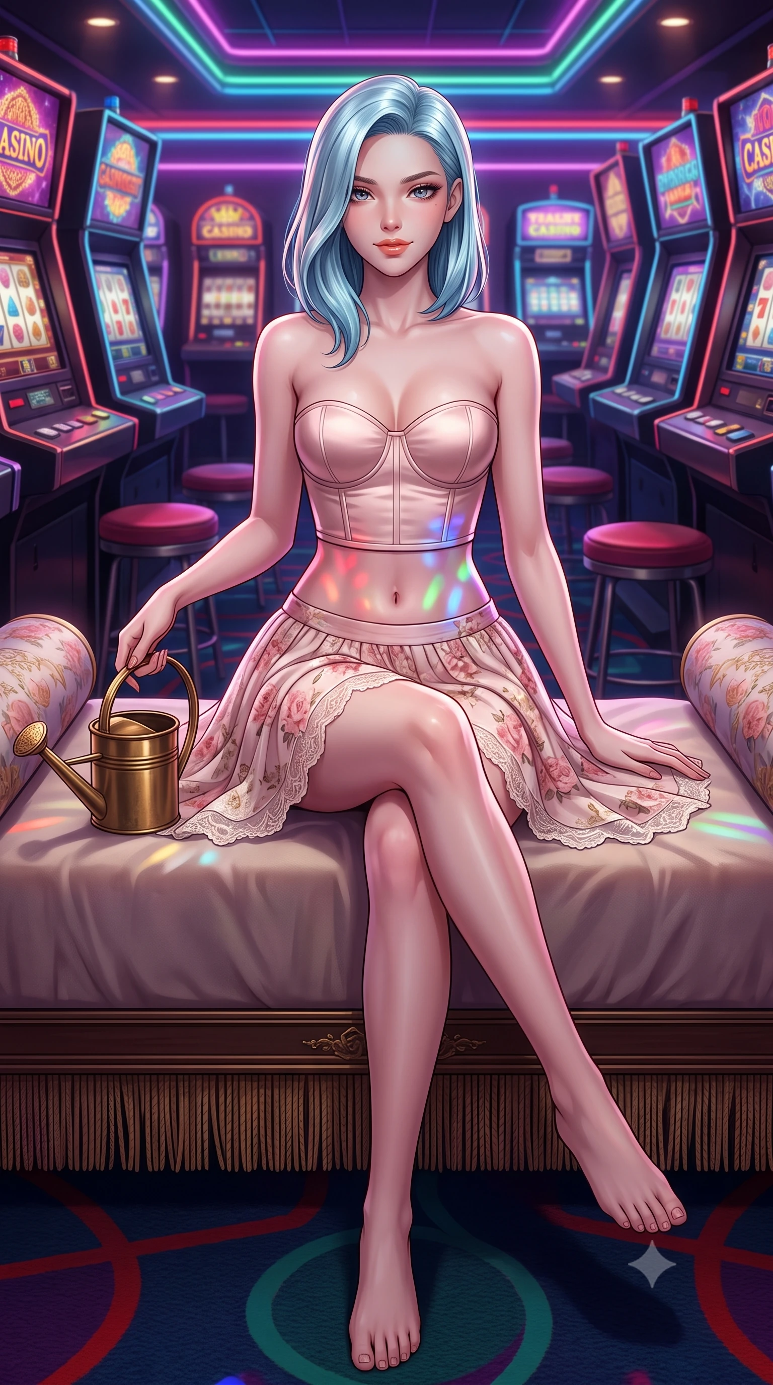 score_9, masterpiece, best quality, ultra-detailed, high-budget anime keyframe, semi-realistic 3D game render, editorial fashion photography, tasteful artistic composition, Korean woman. low angle full-body shot from head to toe showing her feet, filling the entire 9:16 vertical frame with her statuesque presence, stretching her vertical silhouette. lounging on the lavish daybed with legs crossed and hips angled toward the camera, displaying her toned midriff and long slender limbs with effortless siren poise while twisting her slender torso in an alluring contrapposto stance, kaleidoscope neon reels reflecting across her narrow waist and hips. The surrounding environment is rendered in vivid detail and crisp panoramic clarity: detailed wet-look vinyl hot-pants cling, fishnet stocking texture, and retro-futuristic arcade styling in razor-sharp precision. She has an absolutely perfect, statuesque 8.5-heads proportion, an exceptionally tall and slender model-like female figure with impossibly long slender legs, an ultra-slim waist, a flat toned midriff, narrow delicate ribcage, and beautifully sculpted feminine hips creating a graceful, slim hourglass silhouette without any bulky heaviness. sharp v-shaped jawline, high-bridge nose, sparkling eyes with hypnotic seductive depth, thick curled eyelashes, glossy parted lips with a natural dewy peach sheen, alluring bedroom-eyes with an enchanting coquettish smile, exuding magnetic siren charisma and sophisticated glamour, flawlessly proportioned anatomical accuracy, strict slender model proportions, natural body alignment, perfectly sculpted long slender limbs, ultra-slim waistline, clean dynamic posture without body distortion. wearing a strapless boned satin bustier paired with an airy micro-pleated floral chiffon skirt framing her hourglass hips in delicate blush peony pink and antique white lace with gold leaf, crafted from shimmering fluid chainmail mesh reflecting ambient casino lights, finished with an antique brass watering can held casually at her side, the liquid-tight tailored fabric clinging flawlessly to her narrow waist and rounded feminine hips, emphasizing every millimeter of her sculpted slim hourglass curves without any bulky heaviness. bathed in rapid rhythmic multi-color neon pulses spilling from dozens of gaming machines. highly saturated vibrant anime colors, detailed shading with soft gradients, rich glossy textures, high-contrast stereoscopic depth, volumetric dynamic lighting, master piece, 9:16 ratio