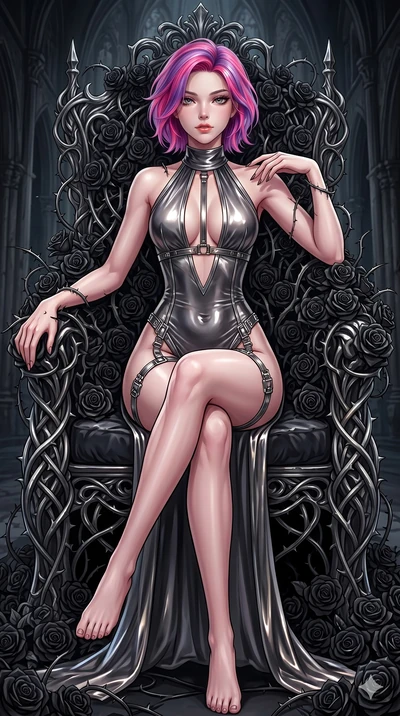 score_9, masterpiece, best quality, ultra-detailed, High-budget Anime Keyframe, East Asian woman. Dynamic full-body shot stretching the vertical silhouette to the limit. Scenario 120: Resting on a throne of black roses, thorns grazing her skin. Her p