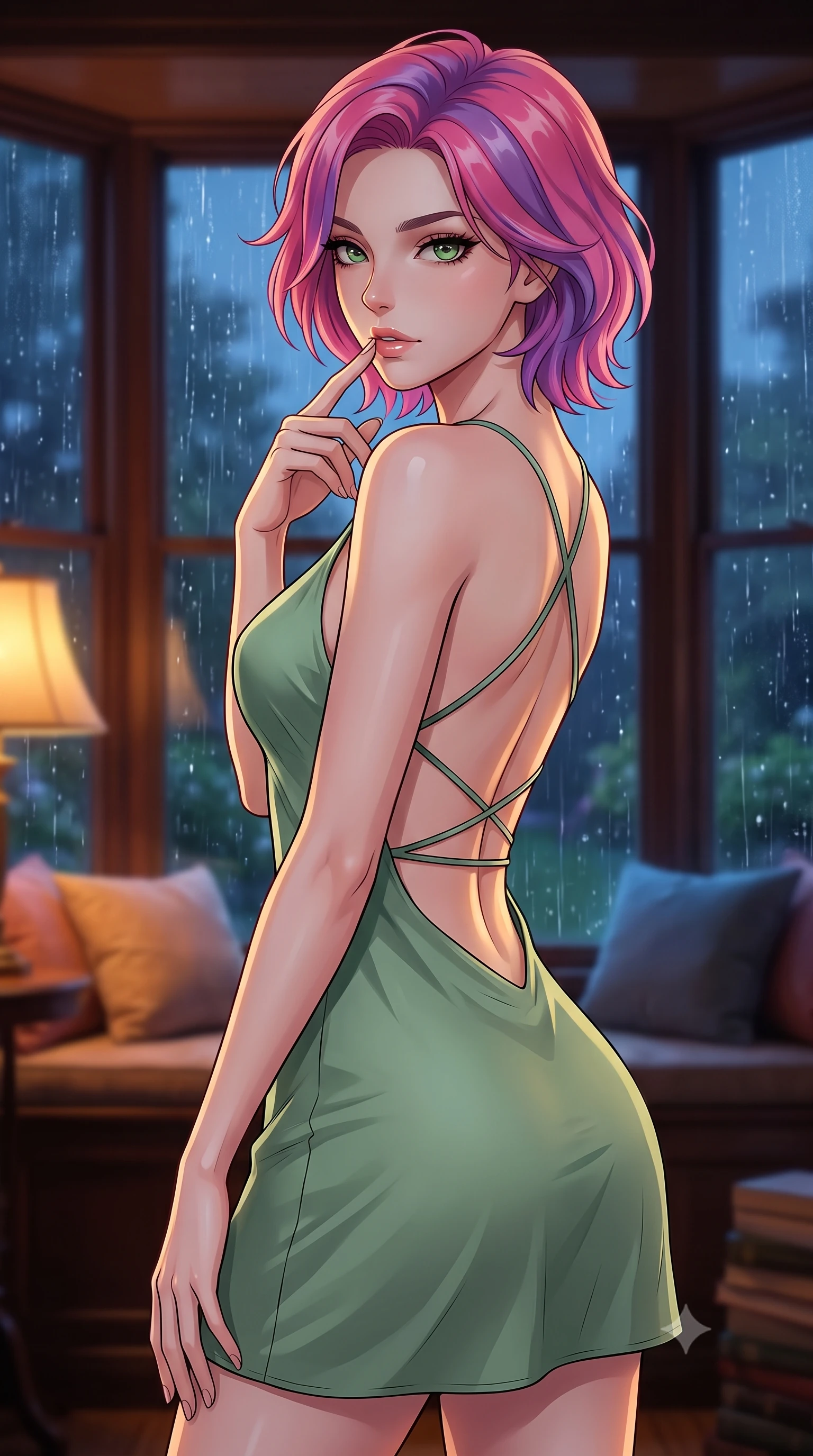 score_9, masterpiece, best quality, ultra-detailed, high-budget anime keyframe, tasteful artistic composition, Caucasian woman. close-up cowboy shot from the waist and thighs up, the character dominates the composition, filling the frame with her large presence, background elements kept in soft focus. pressing one finger to her bottom lip in a thoughtful, seductive gesture under the warm sun the background shows a soft-focus a cozy bay window seat in a private library, overlooking a rain-streaked garden at night. She has an exceptionally elegant, slender, and willowy female figure with an ultra-slim waist, a gracefully sculpted slender torso, and a refined silhouette. sharp v-shaped jawline, high-bridge nose, intricate jewel-like eyes with depth, thick eyelashes, glossy lips with a natural sheen. wearing a tailored lightweight silk sundress in sage green with a dramatic open-back and thin criss-cross straps. soft amber lamplight contrasting with the cool blue midnight twilight. highly saturated vibrant anime colors, cel-shading, 2d style, master piece, 9:16 ratio