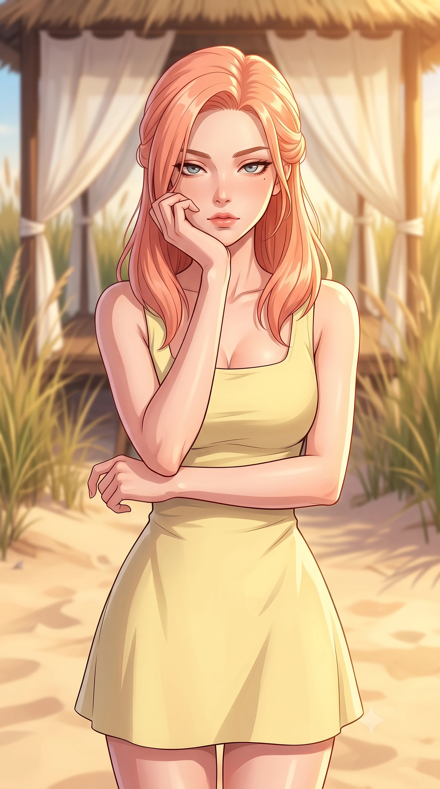 score_9, masterpiece, best quality, ultra-detailed, high-budget anime keyframe, tasteful artistic composition, Japanese woman. close-up cowboy shot from the waist and thighs up, the character dominates the composition, filling the frame with her large presence, background elements kept in soft focus. resting her chin on the backs of her fingers, casting a heavy-lidded, sultry look past the camera the background shows a soft-focus a secluded beach dune pavilion with paper canopy, surrounded by tall beachgrass. She has an exceptionally elegant, slender, and willowy female figure with an ultra-slim waist, a gracefully sculpted slender torso, and a refined silhouette. sharp v-shaped jawline, high-bridge nose, intricate jewel-like eyes with depth, thick eyelashes, glossy lips with a natural sheen. wearing a form-contouring casual summer sundress in pale yellow cotton with a simple square neckline. warm golden afternoon sunlight bathing the sands in a soft glow. highly saturated vibrant anime colors, cel-shading, 2d style, master piece, 9:16 ratio
