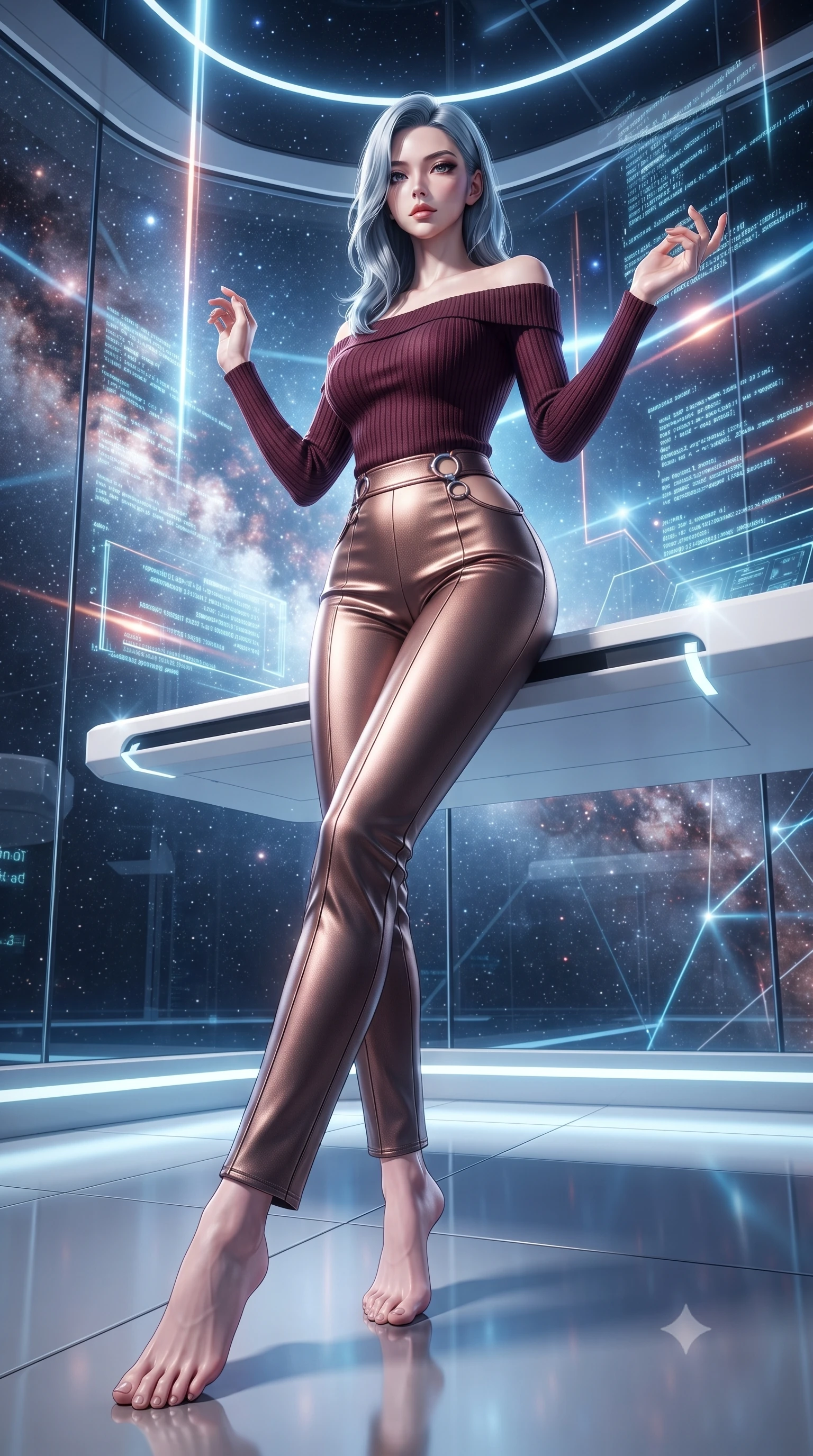 score_9, masterpiece, best quality, ultra-detailed, high-budget anime keyframe, editorial fashion photography, tasteful artistic composition, Korean woman. low angle full-body shot from head to toe showing her feet, filling the entire 9:16 vertical frame with her statuesque presence, stretching her vertical silhouette. navigating the luminous space with effortless poise, displaying her perfect model proportions resting on a sleek white floating console amidst glowing code streams, starlight and cosmic nebula clouds glowing through the floor-to-ceiling glass. She has an absolutely perfect, statuesque 8.5-heads proportion, an exceptionally tall and slender model-like female figure with impossibly long slender legs and an ultra-slim waist. sharp v-shaped jawline, high-bridge nose, intricate jewel-like eyes with depth, thick eyelashes, glossy lips with a natural sheen. wearing a sleek off-shoulder ribbed knit top paired with high-waist tailored pants in deep burgundy and bronze, formed from sleek second-skin neoprene, accented with delicate chrome ring hardware framing her waist, the tailored fabric tightly following every curve of her athletic build. lit by bright volumetric laser beams and soft specular highlights. ultra-reflective glossy finish, specular highlights, metallic sheen, high-contrast stereoscopic depth, volumetric dynamic lighting, 2k, ultra detail, master piece, 9:16 ratio