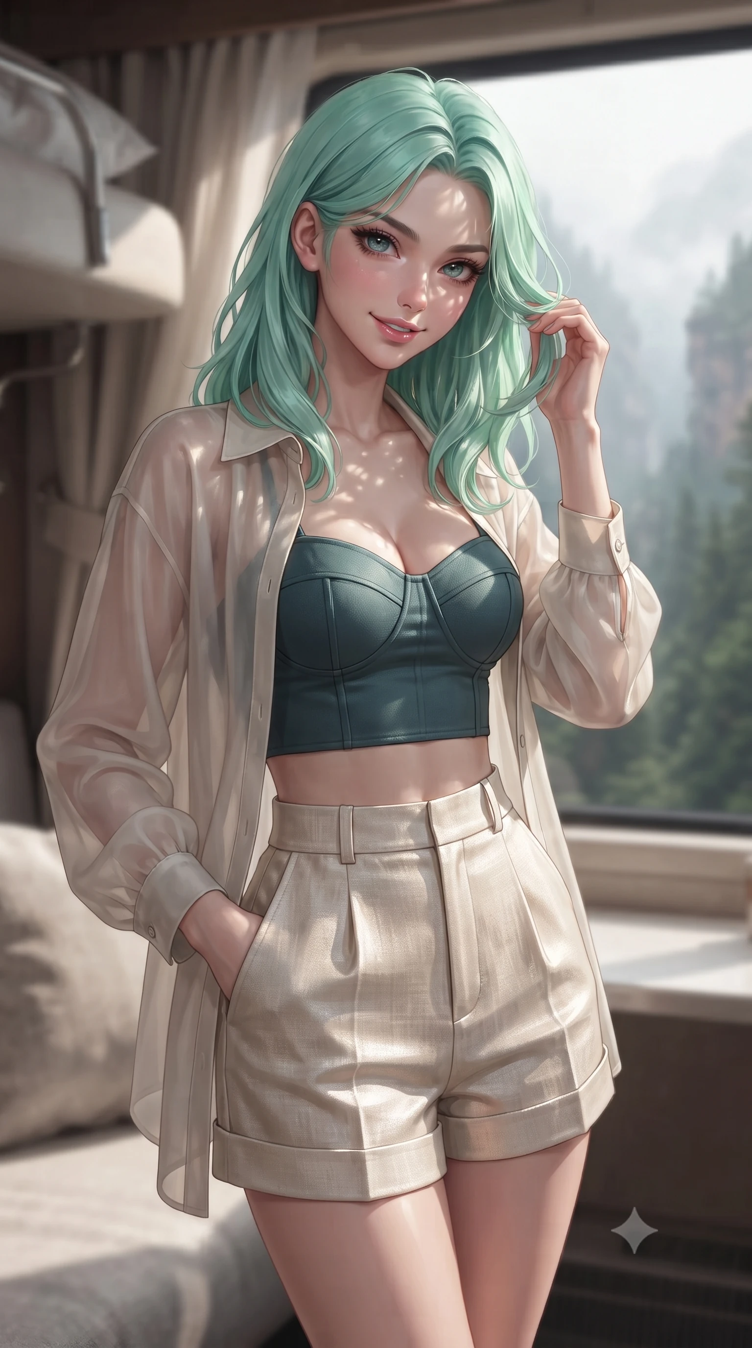 score_9, masterpiece, best quality, ultra-detailed, high-budget anime keyframe, editorial fashion photography, tasteful artistic composition, Japanese woman. close-up cowboy shot from the waist and thighs up, the character dominates the composition, filling the frame with her large presence, background elements kept in soft focus. leaning slightly forward with a playful, teasing smile, her gaze locked onto the viewer the background shows a soft-focus a luxury sleeper berth with soft linen drapes and a view of misty forest canyons. She has an exceptionally elegant, slender, and willowy female figure with an ultra-slim waist, a gracefully sculpted slender torso, and a refined silhouette. sharp v-shaped jawline, high-bridge nose, intricate jewel-like eyes with depth, thick eyelashes, glossy lips with a natural sheen. wearing a slim-fit lightweight chiffon cover-up shirt worn open over a crop top and high-cut shorts. dappled sunlight filtering through the window as the train passes trees. ultra-reflective glossy finish, specular highlights, metallic sheen, high-contrast stereoscopic depth, volumetric dynamic lighting, 2k, ultra detail, master piece, 9:16 ratio