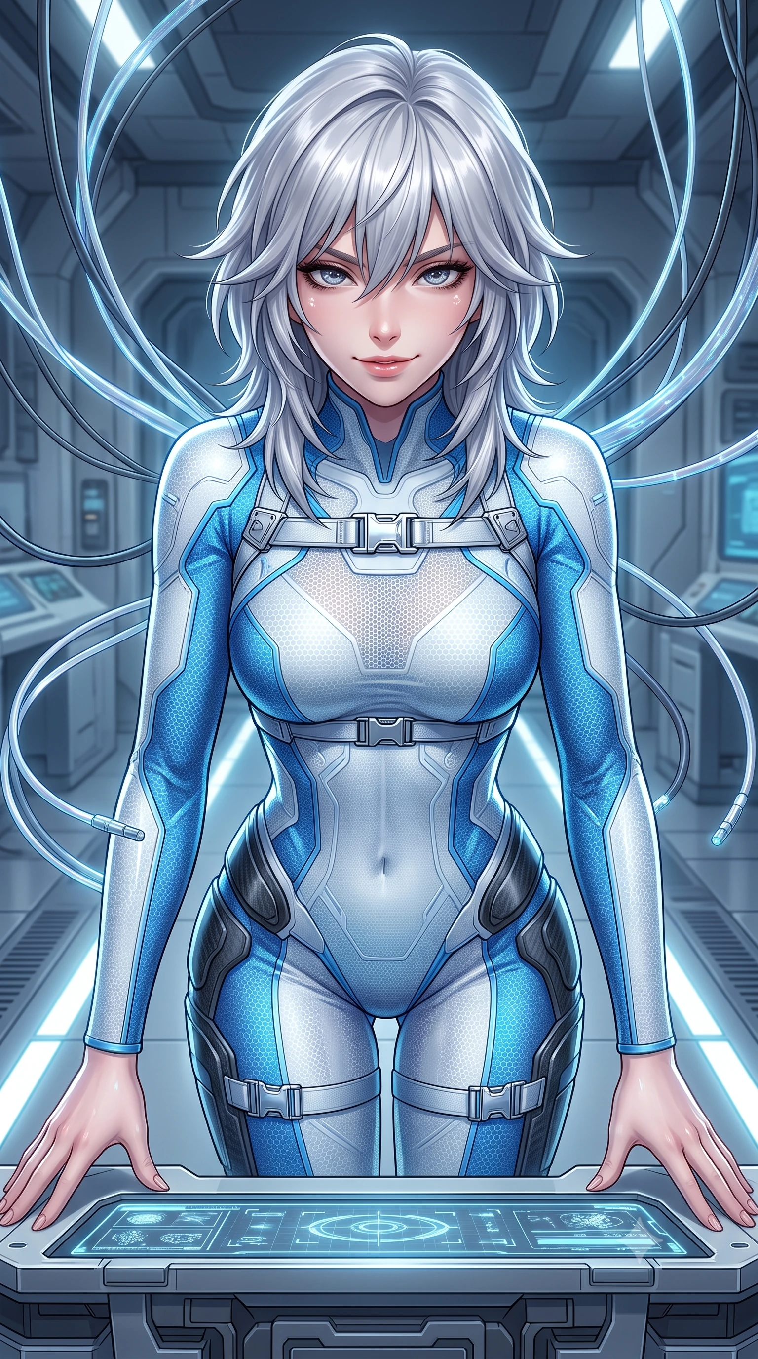 score_9, masterpiece, best quality, ultra-detailed, high-budget anime keyframe, semi-realistic 3D game render, editorial fashion photography, tasteful artistic composition, Japanese woman. close-up cowboy shot from the waist and thighs up, the character dominates the composition, filling the frame with her large presence. resting both hands lightly on the holoscreen pedestal while leaning toward the lens with a teasing smirk, her tight combat suit hugging her narrow waist and feminine hip curve while standing centered amidst floating fiber-optic neural cables that respond to her movement, arching her spine with ethereal, cybernetic majesty. The surrounding environment is rendered in vivid detail and crisp panoramic clarity: detailed nano-mesh catsuit weave, synaptic glow reflections on skin, and futuristic research facility architecture in high resolution. She has an exceptionally elegant, slender, and willowy female figure with an ultra-slim waist, flat toned midriff, narrow ribcage, and sculpted feminine hips creating an alluring, slim hourglass silhouette without bulk. sharp v-shaped jawline, high-bridge nose, intricate jewel-like sparkling eyes with depth, thick eyelashes, glossy parted lips with a natural sheen, bright confident smile with an enchanting and coquettish sensual glint, exuding both youthful magnetic charm and sovereign high-tech allure, flawlessly proportioned anatomical accuracy, strict slender model proportions, natural body alignment, perfectly sculpted long slender limbs, ultra-slim waistline, clean dynamic posture without body distortion. wearing a second-skin cybernetic stealth suit with active-camo optical mesh and sculpted carbon hip guards in arctic snowflake white and electric plasma blue, woven from delicate semi-opaque high-tensile nano-mesh with intricate hexagonal micro-patterns, finished with polished chrome buckle hardware and modular magnetic holster clasps, the high-waisted tailoring accentuating her ultra-slim waistline and the enchanting curve of her feminine hips with alluring dark charm. illuminated by floor light strips and sharp icy-platinum rim lights defining her sculpted collarbones, ultra-slim waist, and curvy hips. highly saturated vibrant anime colors, detailed shading with soft gradients, rich glossy textures, high-contrast stereoscopic depth, volumetric dynamic lighting, master piece, 9:16 ratio