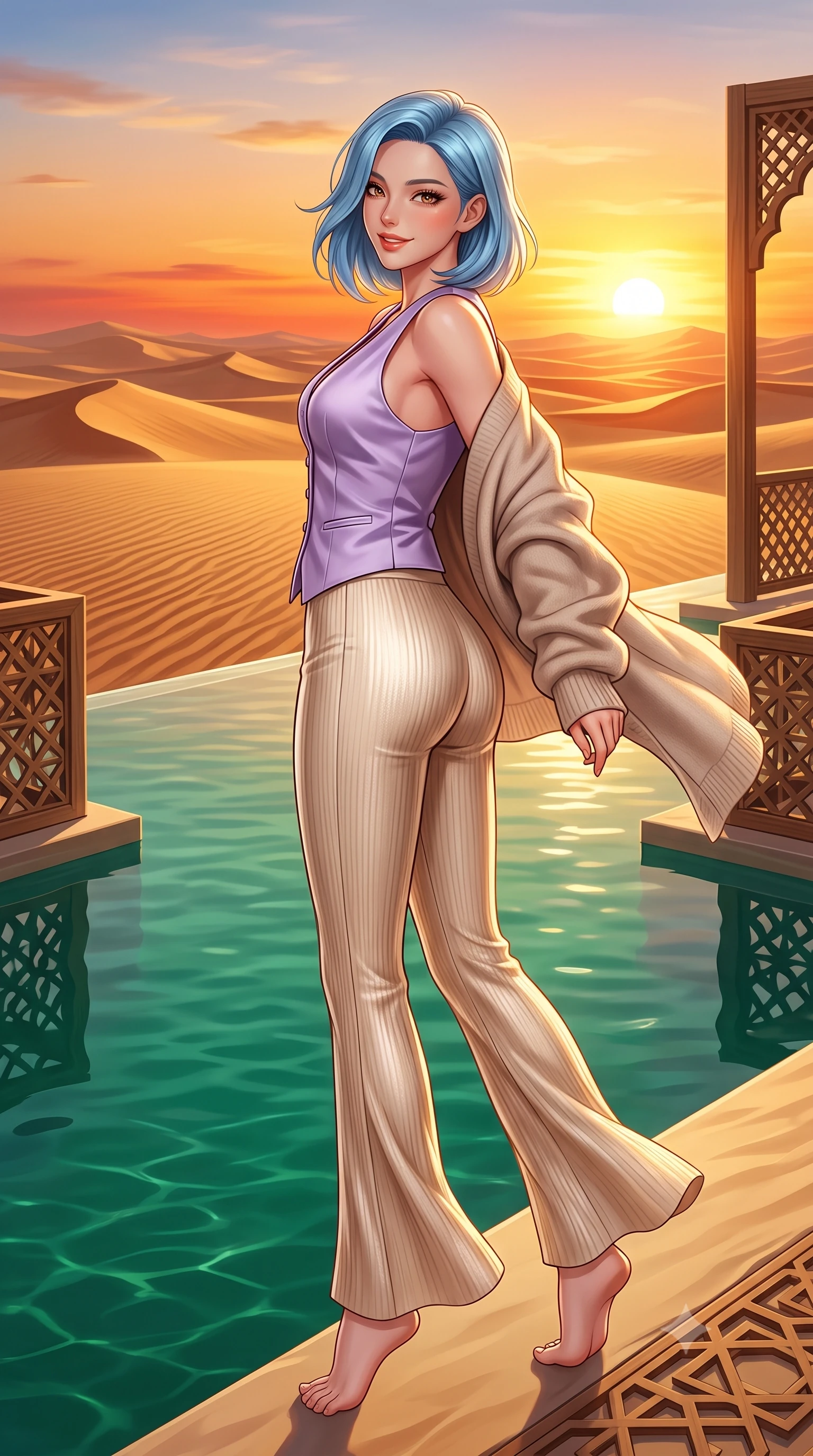 score_9, masterpiece, best quality, ultra-detailed, high-budget anime keyframe, semi-realistic 3D game render, editorial fashion photography, tasteful artistic composition, Korean woman. low angle full-body shot from head to toe showing her feet, filling the entire 9:16 vertical frame with her statuesque presence, stretching her vertical silhouette. executing a cheerful mid-motion pivot turn as her resort dress flutters around her slender legs, glancing over her shoulder with an intoxicating, teasing bedroom-gaze while standing on the edge of the desert infinity pool where emerald water meets endless golden sand dunes, arching her spine with sovereign majesty. The surrounding environment is rendered in vivid detail and crisp panoramic clarity. sharp wind-swept sand ridge patterns, geometric carved wood latticework, and still pool water reflections in deep focus. She has an exceptionally tall and slender model-like 8.5-heads proportion, an ultra-slim waist, a flat toned midriff, narrow delicate ribcage, and beautifully sculpted feminine hips creating a graceful, slim hourglass silhouette without any bulky heaviness, with impossibly long slender legs. sharp v-shaped jawline, high-bridge nose, sparkling amber-hazel eyes with depth, long lush eyelashes, glossy sun-kissed lips with a warm coral glaze, radiant teasing smile with sensual sunlit bedroom-eyes, exuding effortless old-money elegance and intoxicating sun-drenched allure, flawlessly proportioned anatomical accuracy, strict slender model proportions, natural body alignment, perfectly sculpted long slender limbs, ultra-slim waistline, clean dynamic posture without body distortion. wearing a tailored satin resort vest worn closed against bare skin with high-waisted silk palazzo pants cinched at her narrow waist in soft lavender violet and champagne shimmer, formed from supple second-skin stretch ribbed knit clinging to her form, complemented by an oversized soft cashmere knit cardigan slipping off one bare shoulder, the high-waisted tailoring accentuating her ultra-slim waistline and the enchanting curve of her feminine hips with alluring sunlit charm. bathed in the intense molten-crimson and gold of the desert horizon sunset. highly saturated vibrant anime colors, detailed shading with soft gradients, rich glossy textures, high-contrast stereoscopic depth, volumetric dynamic lighting, master piece, 9:16 ratio