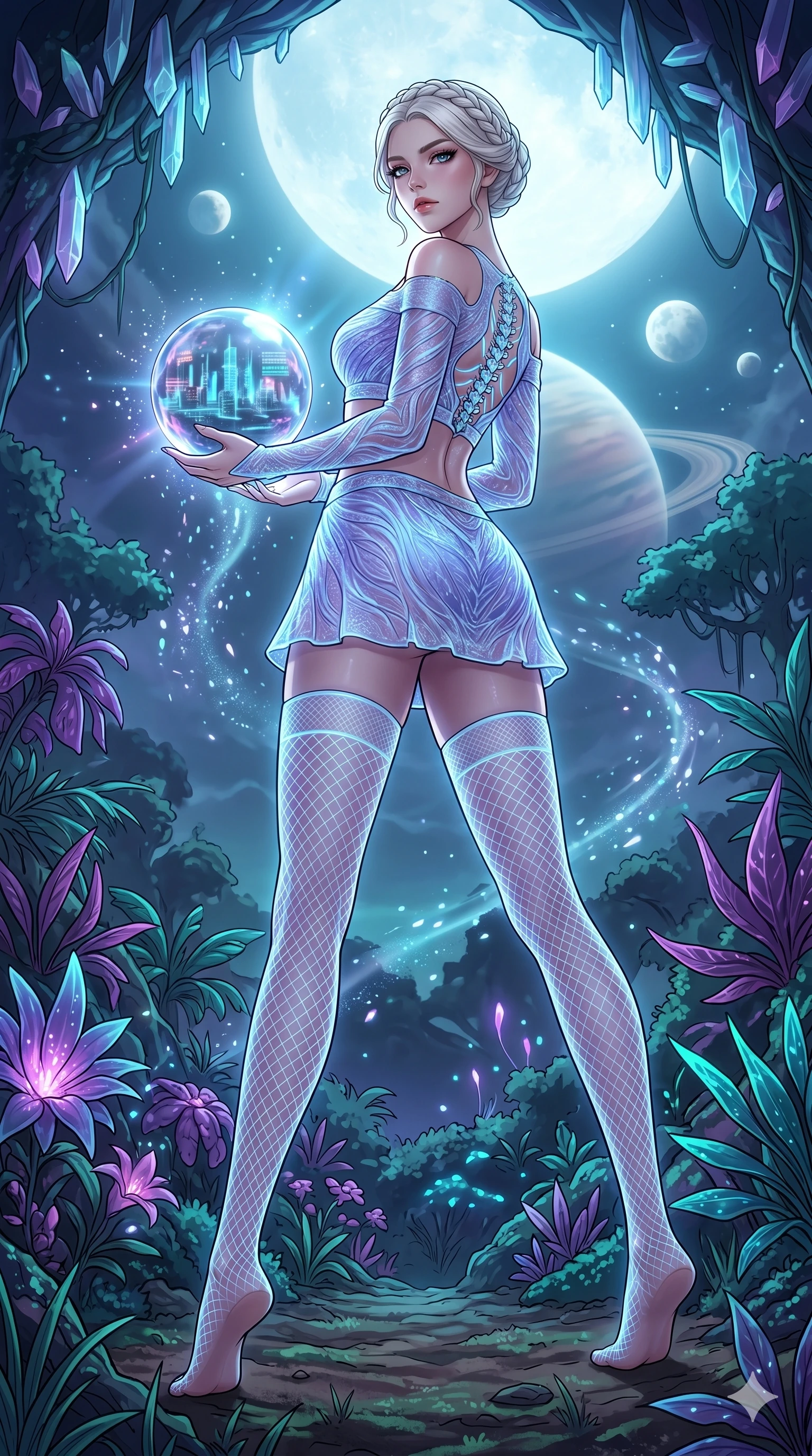 score_9, masterpiece, best quality, ultra-detailed, High-budget Anime Keyframe, vibrant colors, fluid line-art, expressive lighting, cinematic composition, Ufotable-style visual effects, top-tier animation quality, Korean woman with idol-like refined features. Dynamic full-body shot stretching the vertical silhouette, capturing her from a powerful low-angle perspective. Holding a glowing ancient orb that reveals a flickering vision of the future, its light illuminating her determined face. She has an absolutely perfect 8-heads proportion, an exceptionally tall and slender female figure with impossibly long slender legs and an ultra-slim waist, her statuesque height and towering silhouette dominating the vertical 9:16 frame. Her face is a masterpiece featuring a sharp v-shaped jawline, high-bridge nose, intricate jewel-like eyes with depth, thick eyelashes, and glossy lips with a natural sheen. She is wearing a Off-shoulder crop top paired with micro-skirts and thigh-high fishnet stockings crafted from Bioluminescent silk that emits a soft, ethereal glow from within the fabric, boasting shoulder cut-outs and a glowing spinal interface visible through the back. The scene is set in a mysterious alien planet with bioluminescent purple flora and a giant ringed planet in the sky, illuminated by ethereal moonlight filtering through a crystalline canopy, creating soft highlights. 2k, ultra detail, master piece, 9:16 ratio