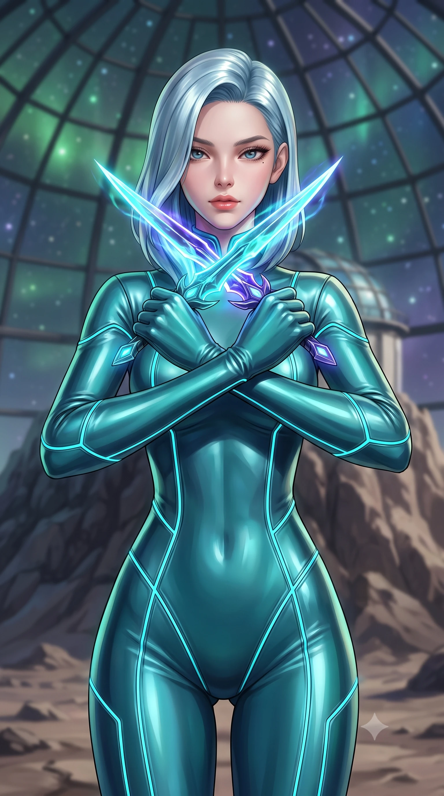 score_9, masterpiece, best quality, ultra-detailed, high-budget anime keyframe, editorial fashion photography, tasteful artistic composition, Korean woman. close-up cowboy shot from the waist and thighs up, the character dominates the composition, filling the frame with her large presence, background elements kept in soft focus. holding two energy daggers crossed in front of her elegant collarbone, casting a heavy-lidded, sultry look, the background shows a soft-focus an observatory glass dome built on a high mountain peak of a barren asteroid. She has an exceptionally elegant, slender, and willowy female figure with an ultra-slim waist, a gracefully sculpted slender torso, and a refined silhouette. sharp v-shaped jawline, high-bridge nose, intricate jewel-like eyes with depth, thick eyelashes, glossy lips with a natural sheen. wearing a tailored body-hugging metallic teal catsuit with thin cyan LED lighting trims along the seams. soft green and indigo starlight filtering through the glass dome ceiling panels. highly saturated vibrant anime colors, detailed shading with soft gradients, rich glossy textures, high-contrast stereoscopic depth, volumetric dynamic lighting, master piece, 9:16 ratio