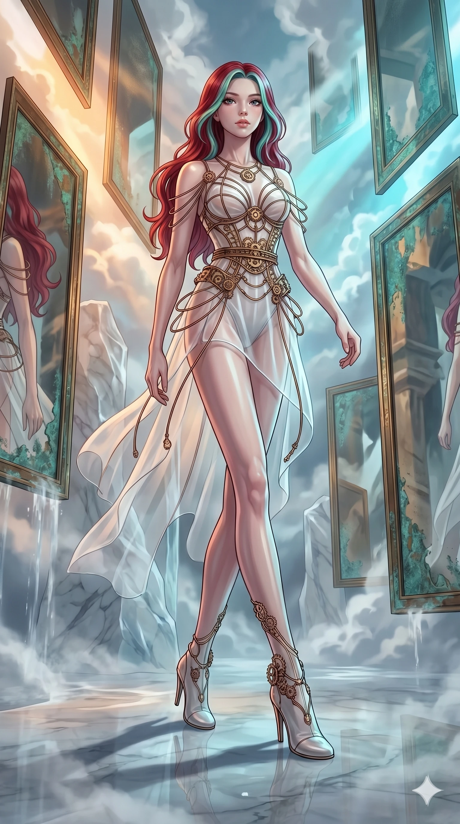 score_9, masterpiece, best quality, ultra-detailed, high-budget anime keyframe, Caucasian woman, strictly human ears. low angle full-body shot filling the entire 9:16 frame with her statuesque presence, stretching the vertical silhouette. wandering through a mirage cloud cathedral of translucent marble and water mist, surrounded by floating ancient bronze mirror walls. She has an absolutely perfect 8-heads proportion, an exceptionally tall and slender female figure with impossibly long slender legs and an ultra-slim waist. V-shaped jawline, high-bridge nose, intricate jewel-like eyes with depth, thick eyelashes, glossy lips with a natural sheen.. wearing a chrono-gear wire harness couture, featuring micro-bronze gear wire harness cinching her waist, over a sheer white organza dress. accented by dynamic color-blocked lighting with high-contrast shadows emphasizing her statuesque height. 2k, ultra detail, master piece, 9:16 ratio