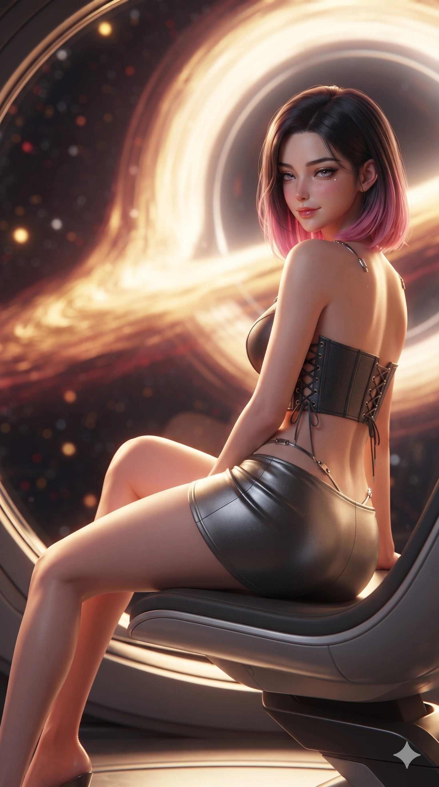score_9, masterpiece, best quality, ultra-detailed, high-budget anime keyframe, editorial fashion photography, tasteful artistic composition, Korean woman. close-up cowboy shot from the waist and thighs up, the character dominates the composition, filling the frame with her large presence. posing in an alluring rear three-quarter angle, looking over a bare shoulder with heavy-lidded sparkling eyes, her hips cocked back to highlight her slim hourglass curve while lounging poised on the anti-gravity observation seat propped on one elbow with legs extended, displaying her long slender limbs against the curved event horizon. The background shows a soft-focus blazing swirling accretion disk gas streams, curved gravitational lensing distortion rings, and distant stellar fields blurred into fiery gold, crimson, and deep void black bokeh. She has an exceptionally elegant, slender, and willowy female figure with an ultra-slim waist, flat toned midriff, narrow ribcage, and sculpted feminine hips creating an alluring, slim hourglass silhouette without bulk. sharp v-shaped jawline, high-bridge nose, intricate jewel-like sparkling eyes with depth, thick eyelashes, glossy parted lips with a natural sheen, bright confident smile with an enchanting and coquettish sensual glint, exuding both youthful magnetic charm and sovereign high-tech allure, flawlessly proportioned anatomical accuracy, strict slender model proportions, natural body alignment, perfectly sculpted long slender limbs, ultra-slim waistline, clean dynamic posture without body distortion. wearing a sculpted matte carbon underwire crop bustier with lace-up side ties paired with a low-rise micro skirt in metallic graphite and starlight platinum, made of fluid liquid jersey with seamless sculpting hold and smooth contours, finished with high-tension magnetic quick-release clasps glinting along her collarbones, the high-slit tactical tailoring accentuating her ultra-slim waistline and the enchanting curve of her feminine hips with alluring seductive charm. bathed in intense, blazing golden and crimson relativistic light streaming from the accretion disk through massive transparent viewports. ultra-reflective glossy finish, specular highlights, rich textural contrasts, high-contrast stereoscopic depth, volumetric dynamic lighting, 2k, ultra detail, master piece, 9:16 ratio