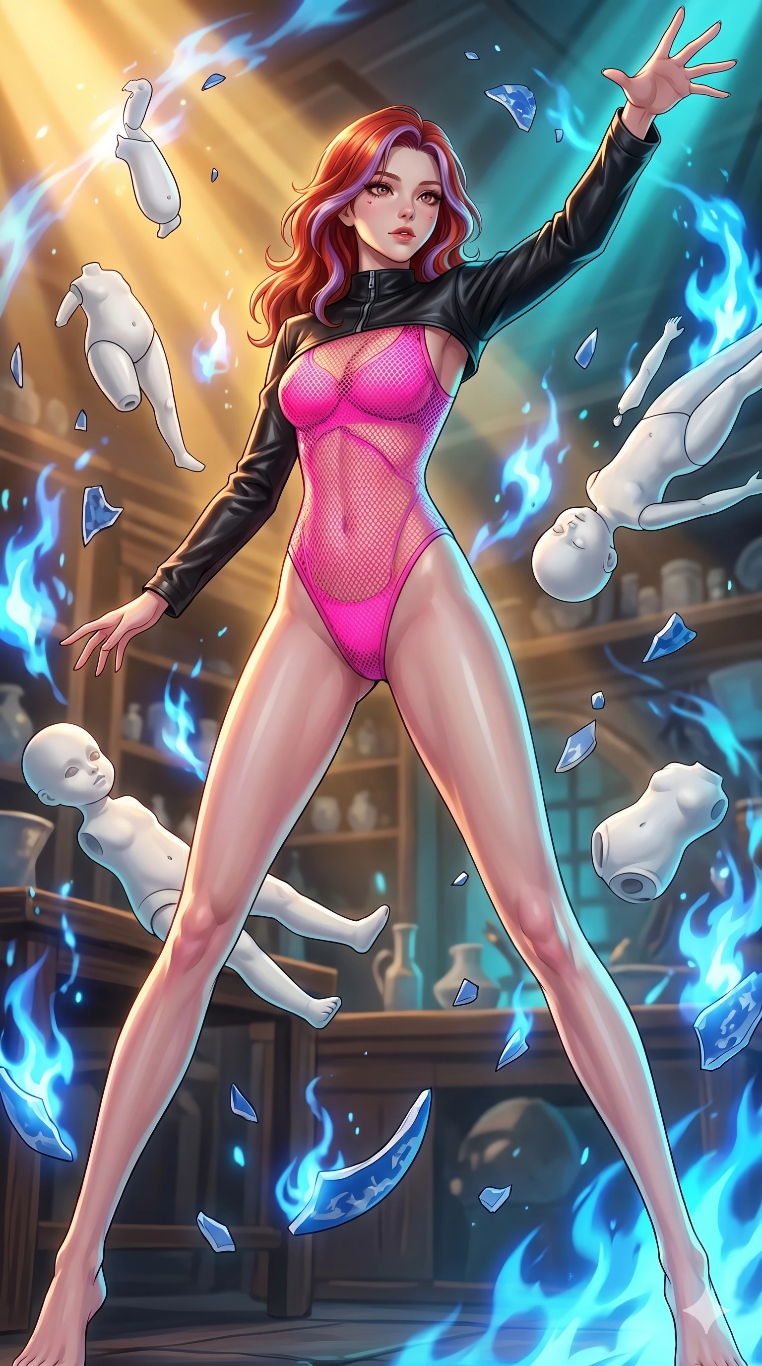 score_9, masterpiece, best quality, ultra-detailed, high-budget anime keyframe, Japanese woman. low angle full-body shot filling the entire 9:16 frame with her statuesque presence, stretching the vertical silhouette. assisting in an alchemical porcelain workshop where floating white bisque doll parts and blue porcelain shards swirl amidst blue alchemical flames. She has an absolutely perfect 8-heads proportion, an exceptionally tall and slender female figure with impossibly long slender legs and an ultra-slim waist. V-shaped jawline, high-bridge nose, intricate jewel-like eyes with depth, thick eyelashes, glossy lips with a natural sheen.. wearing a fluorescent pink mesh bodysuit, styled with a cropped single-sleeve black leather shrug for a bold stage look. showcasing a beautiful play of light and shadow, with warm golden rays clashing against cool cyan highlights. 2k, ultra detail, master piece, 9:16 ratio