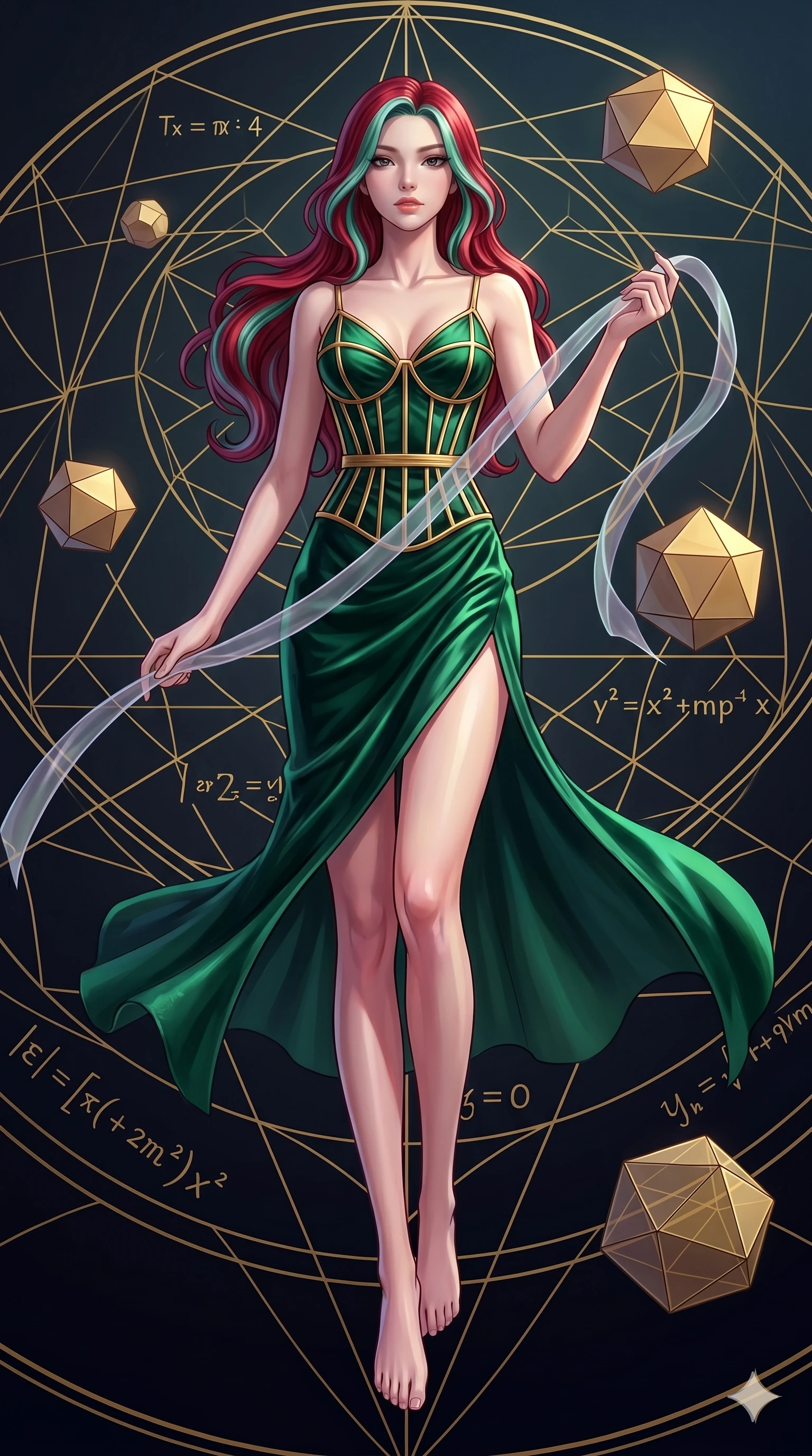 score_9, masterpiece, best quality, ultra-detailed, high-budget anime keyframe, Caucasian woman, strictly human ears. low angle full-body shot filling the entire 9:16 frame with her statuesque presence, stretching the vertical silhouette. floating gracefully in a mathematical mandala void filled with golden geometric lines of complex formulas, holding a translucent ribbon as she glides between floating regular polyhedrons. She has an absolutely perfect 8-heads proportion, an exceptionally tall and slender female figure with impossibly long slender legs and an ultra-slim waist. V-shaped jawline, high-bridge nose, intricate jewel-like eyes with depth, thick eyelashes, glossy lips with a natural sheen.. wearing a mathematical gold wire cage corset and an emerald green silk velvet slip dress with a thigh-high side slit. accented by dynamic color-blocked lighting with high-contrast shadows emphasizing her statuesque height. 2k, ultra detail, master piece, 9:16 ratio
