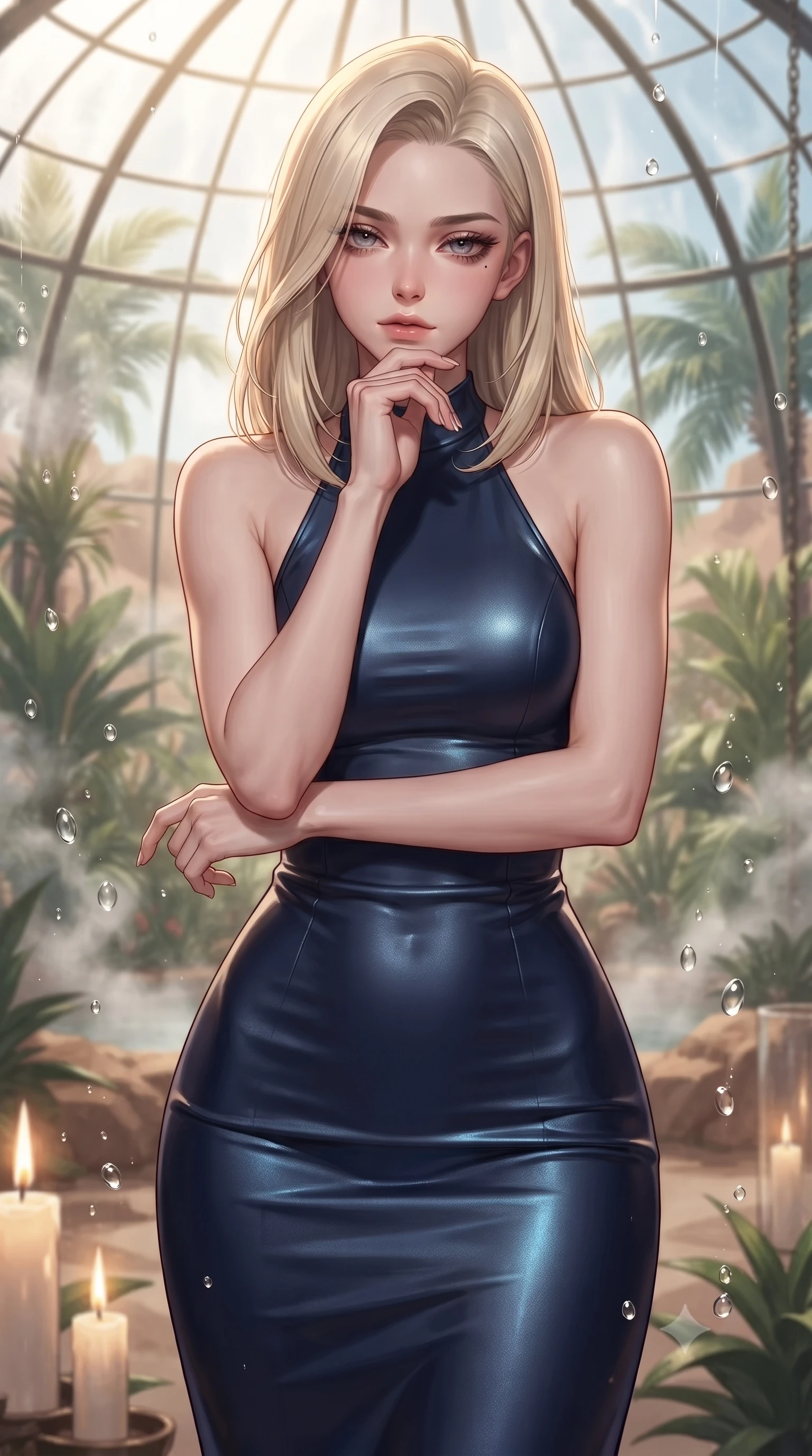 score_9, masterpiece, best quality, ultra-detailed, high-budget anime keyframe, editorial fashion photography, tasteful artistic composition, Caucasian woman. close-up cowboy shot from the waist and thighs up, the character dominates the composition, filling the frame with her large presence, background elements kept in soft focus. resting her chin on the backs of her fingers, casting a heavy-lidded, sultry look past the camera the background shows a soft-focus a glass dome botanical garden in the desert, filled with tropical plants and steam. She has an exceptionally elegant, slender, and willowy female figure with an ultra-slim waist, a gracefully sculpted slender torso, and a refined silhouette. sharp v-shaped jawline, high-bridge nose, intricate jewel-like eyes with depth, thick eyelashes, glossy lips with a natural sheen. wearing a tailored form-fitting halter dress in deep navy blue, contouring her athletic, slender build. soft flickering candle glow refracting through the moving water droplets. ultra-reflective glossy finish, specular highlights, metallic sheen, high-contrast stereoscopic depth, volumetric dynamic lighting, 2k, ultra detail, master piece, 9:16 ratio