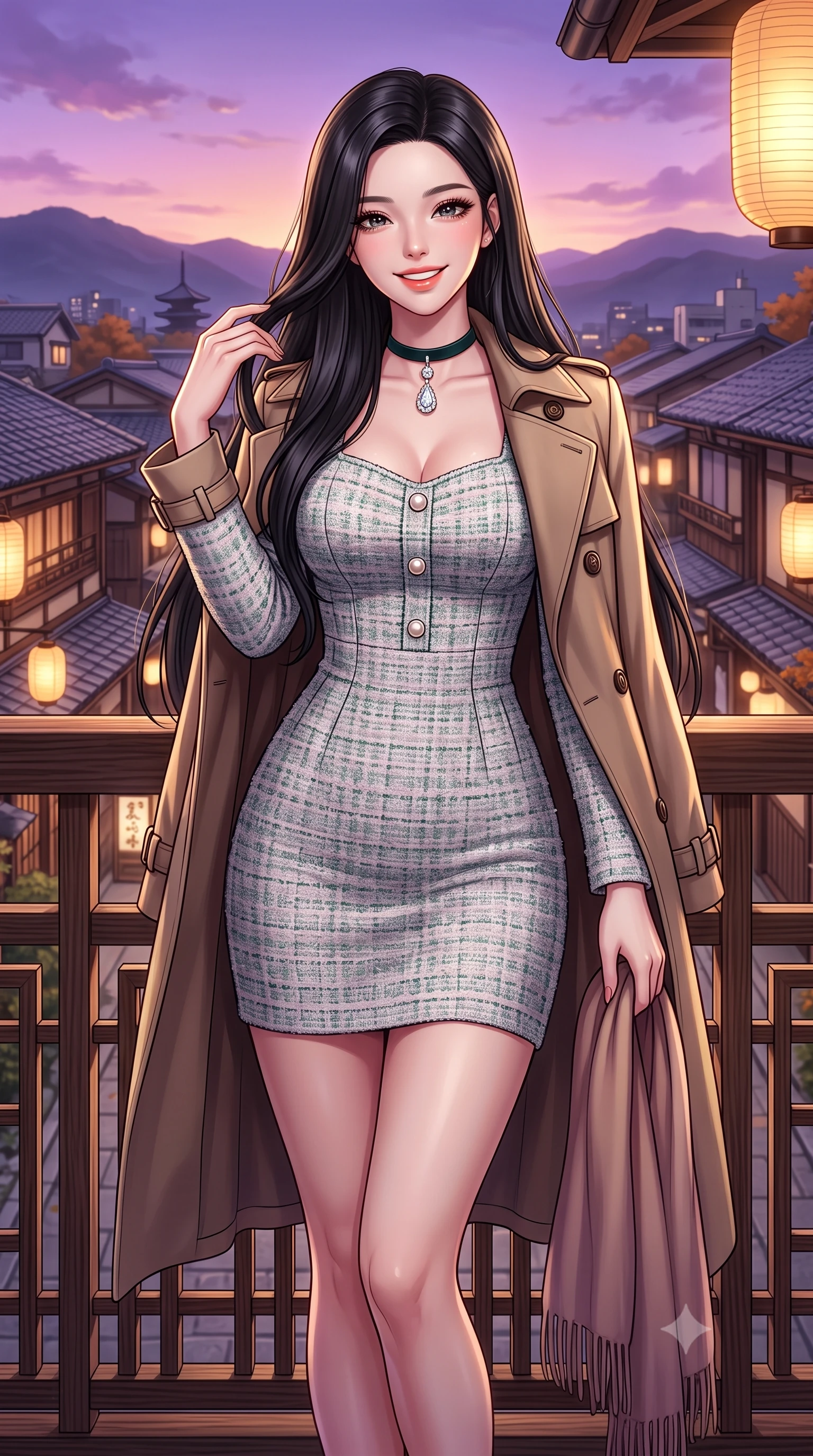 score_9, masterpiece, best quality, ultra-detailed, high-budget anime keyframe, semi-realistic 3D game render, editorial fashion photography, tasteful artistic composition, Korean woman. close-up cowboy shot from the waist and thighs up, the character dominates the composition, filling the frame with her large presence. twisting her slender torso in an alluring contrapposto stance, one hand toying with her hair while her gaze radiates magnetic charm while leaning gently against the cedar lattice railing of the historic machiya balcony, one hand holding her scarf against the crisp evening breeze. The surrounding environment is rendered in vivid detail and crisp panoramic clarity: detailed double-breasted wool gabardine trench coat drape, horn buttons, and historic Japanese urban architecture in high resolution. She has an exceptionally elegant, slender, and willowy female figure with an ultra-slim waist, flat toned midriff, narrow ribcage, and sculpted feminine hips creating an alluring, slim hourglass silhouette without bulk. sharp v-shaped jawline, high-bridge nose, intricate jewel-like sparkling eyes with depth, thick eyelashes, glossy parted lips with a natural peach sheen, bright cheerful beaming smile with an enchanting and coquettish sensual glint, exuding both youthful cute charm and seductive allure, flawlessly proportioned anatomical accuracy, strict slender model proportions, natural body alignment, perfectly sculpted long slender limbs, ultra-slim waistline, clean dynamic posture without body distortion. wearing a form-contouring pastel bouclé tweed bodycon mini dress with structured waist darts and decorative pearl buttons in St. Moritz pine forest emerald and heather grey, woven from stretch metallic lurex knit casting subtle luminous champagne glints across her contours, finished with a narrow velvet neck ribbon and a sparkling teardrop crystal pendant, the liquid-tight tailored fabric clinging flawlessly to her narrow waist and rounded feminine hips, emphasizing every millimeter of her sculpted slim hourglass curves without any bulky heaviness. bathed in the soft purple-gold twilight glow of autumn sunset over the Higashiyama mountains mixed with warm paper lantern lights. highly saturated vibrant anime colors, detailed shading with soft gradients, rich glossy textures, high-contrast stereoscopic depth, volumetric dynamic lighting, master piece, 9:16 ratio
