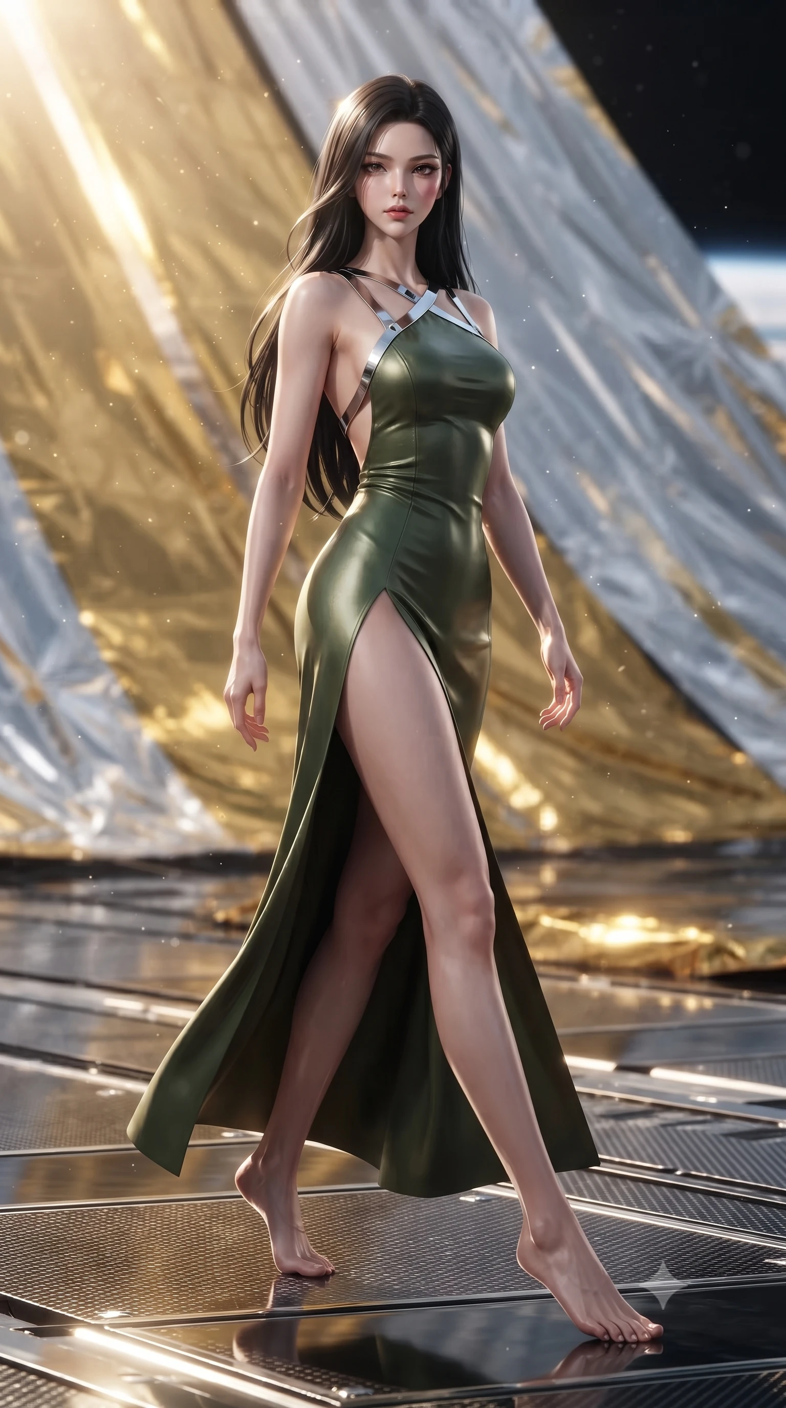 score_9, masterpiece, best quality, ultra-detailed, high-budget anime keyframe, editorial fashion photography, tasteful artistic composition, Korean woman. low angle full-body shot from head to toe showing her feet, filling the entire 9:16 vertical frame with her statuesque presence, stretching her vertical silhouette. stepping gracefully through floating stardust particles, her body-contouring suit showing her athletic, slender silhouette, the background shows a soft-focus the reflective carbon-foil deck of a massive orbital solar-sail ship. She has an absolutely perfect, statuesque 8.5-heads proportion, an exceptionally tall and slender model-like female figure with impossibly long slender legs and an ultra-slim waist. sharp v-shaped jawline, high-bridge nose, intricate jewel-like eyes with depth, thick eyelashes, glossy lips with a natural sheen. wearing a body-hugging dramatic open-back maxi combat dress in olive green, featuring a high thigh slit and chrome straps. intense solar glare reflecting off gold foil, casting harsh, metallic side-key light. ultra-reflective glossy finish, specular highlights, metallic sheen, high-contrast stereoscopic depth, volumetric dynamic lighting, 2k, ultra detail, master piece, 9:16 ratio