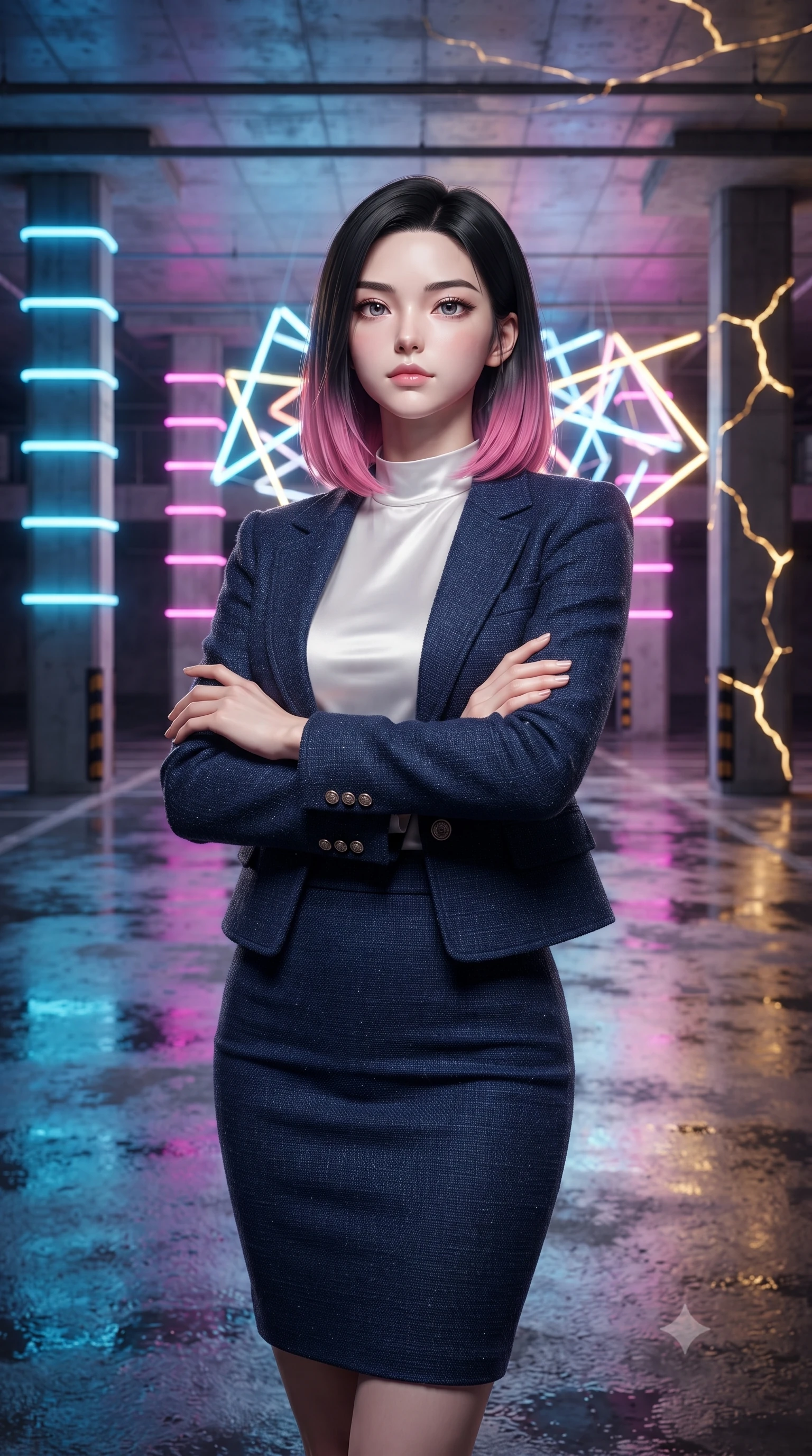score_9, masterpiece, best quality, ultra-detailed, high-budget anime keyframe, editorial fashion photography, tasteful artistic composition, Korean woman. close-up cowboy shot from the waist and thighs up, the character dominates the composition, filling the frame with her large presence, background elements kept in soft focus. Crossing her arms with serene confidence and chin slightly raised. set against a soft-focus background of a multi-story parking garage transformed by contemporary art installations with every concrete column wrapped in programmable color-changing LED strips and neon tube art pieces casting vivid pools of light on glossy wet concrete. She has an exceptionally elegant and slender, willowy female figure with an ultra-slim waist, a gracefully sculpted slender torso, and a refined slim physique. sharp v-shaped jawline, high-bridge nose, intricate jewel-like eyes with depth, thick eyelashes, glossy lips with a natural sheen. wearing a navy blue tweed jacket over a white satin mock-neck top, paired with a matching navy blue pencil skirt. glowing kintsugi gold light radiating from cracks in the environment creating a majestic inner glow. 2k, ultra detail, master piece, 9:16 ratio