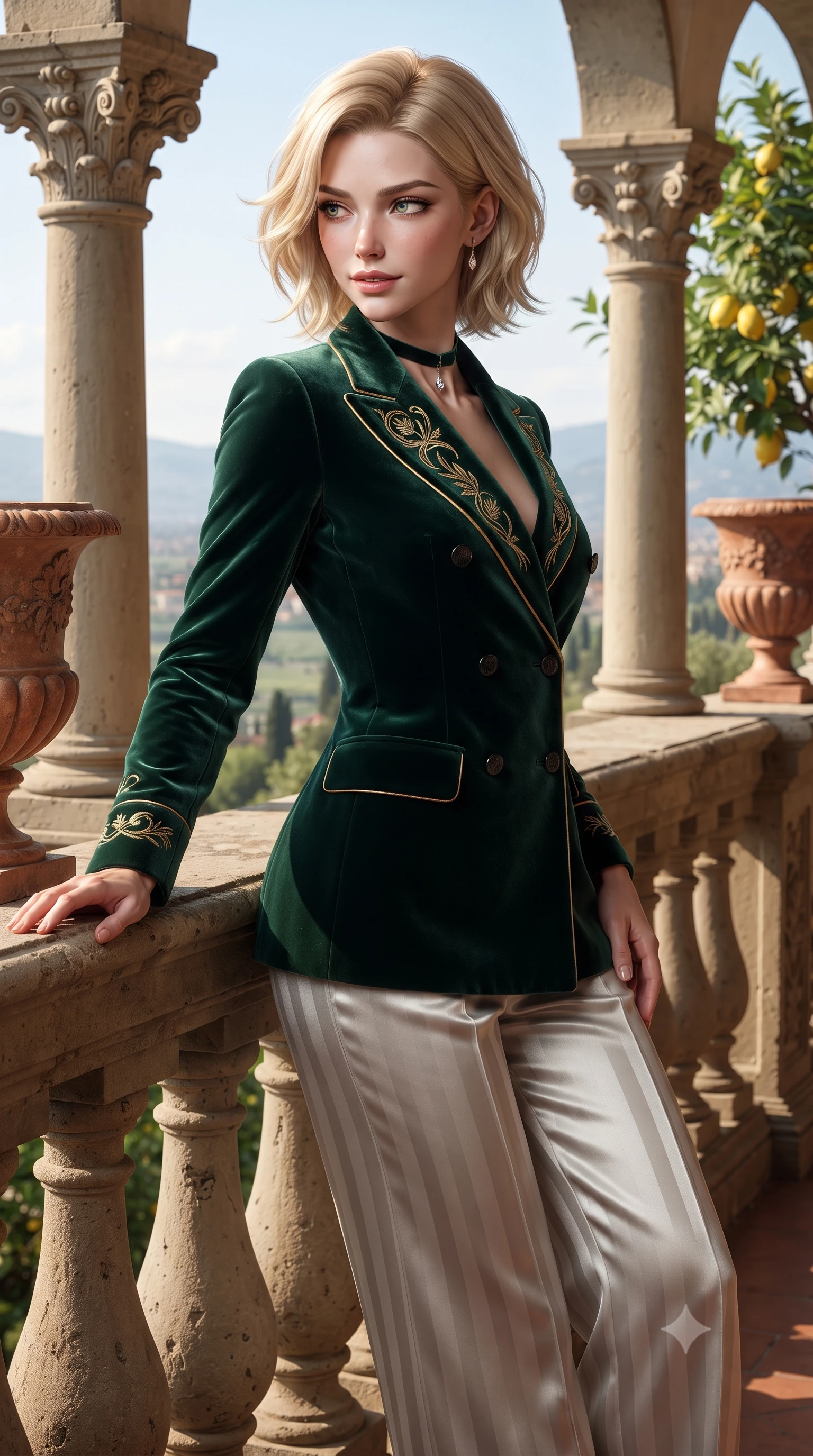 score_9, masterpiece, best quality, ultra-detailed, high-budget anime keyframe, editorial fashion photography, tasteful artistic composition, Caucasian woman. close-up cowboy shot from the waist and thighs up, the character dominates the composition, filling the frame with her large presence. tilting her head with a teasing half-smile, running one hand slowly down the side of her hip in a flirtatious S-curve as ambient light caresses her silhouette while leaning against the carved stone loggia balustrade with hips cocked back, casting an intoxicating smoldering bedroom-gaze over the panoramic Arno valley below. The surrounding environment is rendered in vivid detail and crisp panoramic clarity: sharp grey pietra serena sandstone column capitals, weathered terracotta urn textures, and blooming lemon tree leaves in deep focus. She has an exceptionally elegant, slender, and willowy female figure with an ultra-slim waist, flat toned midriff, narrow ribcage, and sculpted feminine hips creating an alluring, slim hourglass silhouette without bulk. sharp v-shaped jawline, high-bridge nose, intricate jewel-like sparkling eyes with depth, thick eyelashes, glossy parted lips with a natural peach sheen, bright cheerful beaming smile with an enchanting and coquettish sensual glint, exuding both youthful cute charm and seductive allure, flawlessly proportioned anatomical accuracy, strict slender model proportions, natural body alignment, perfectly sculpted long slender limbs, ultra-slim waistline, clean dynamic posture without body distortion. wearing a tailored Bohemian double-breasted velvet smoking jacket paired with wide-leg satin-stripe trousers in Art Nouveau malachite green and antique starlight silver, tailored from ultra-plush silk velvet with rich tactile depth and deep shadow gradients, finished with a thin velvet ribbon choker and a single teardrop diamond pendant, the bespoke structured tailoring following the natural line of her 8.5-heads silhouette with refined elegance. illuminated by terracotta floor warm bounce and sharp honey-and-amber dual rim lights sculpting her features, flat midriff, and slender waist. ultra-reflective glossy finish, specular highlights, rich textural contrasts, high-contrast stereoscopic depth, volumetric dynamic lighting, 2k, ultra detail, master piece, 9:16 ratio