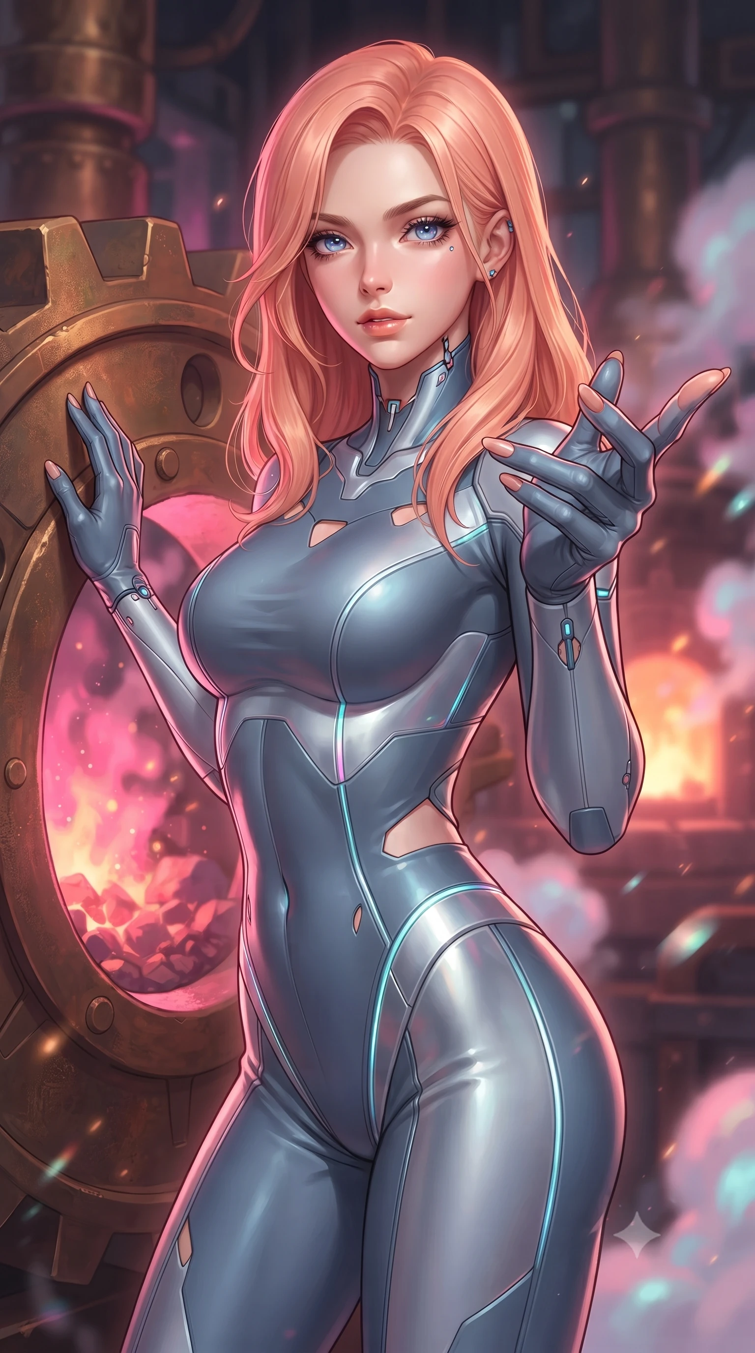 score_9, masterpiece, best quality, ultra-detailed, high-budget anime keyframe, editorial fashion photography, tasteful artistic composition, Japanese woman. close-up cowboy shot from the waist and thighs up, the character dominates the composition, filling the frame with her large presence, background elements kept in soft focus. Reaching one hand gracefully toward the viewer with effortless superiority and allure resting against a giant bronze gear as warm furnace embers glow nearby, pastel-colored steam clouds scattering bright metallic reflections. She has an exceptionally elegant, slender, and willowy female figure with an ultra-slim waist, a gracefully sculpted slender torso, and a refined silhouette. sharp v-shaped jawline, high-bridge nose, intricate jewel-like eyes with depth, thick eyelashes, glossy lips with a natural sheen. wearing a skin-tight cybernetic bodysuit with glowing neon seams and side cutouts in slate blue and metallic silver, crafted from smooth liquid silk, featuring subtle geometric cutouts that highlight her ultra-slim midriff, the glove-like fit emphasizing her statuesque silhouette. bathed in hot pink and orange furnace glow with sharp bronze specular highlights. highly saturated vibrant anime colors, detailed shading with soft gradients, rich glossy textures, high-contrast stereoscopic depth, volumetric dynamic lighting, master piece, 9:16 ratio