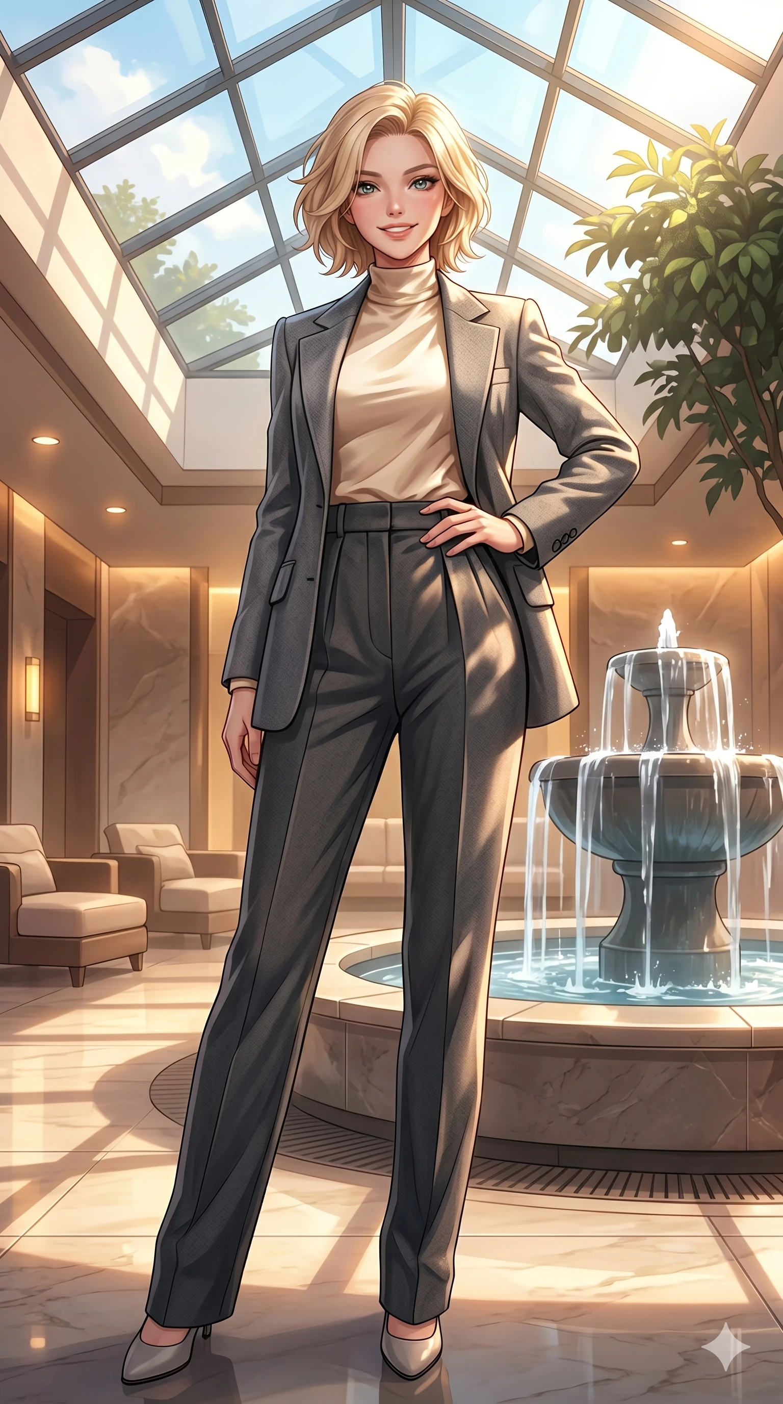 score_9, masterpiece, best quality, ultra-detailed, high-budget anime keyframe, vibrant anime aesthetic, Caucasian woman, strictly human ears. low angle full-body shot from head to toe showing her feet, filling the entire 9:16 vertical frame with her statuesque presence, stretching her vertical silhouette. She is posing with a warm, inviting smile, her eyes glowing with positive energy inside a luxury spa lobby with an indoor heated fountain and warm lights (Code-P21-026). She has an absolutely perfect 8-heads proportion, an exceptionally tall and slender female figure with impossibly long slender legs and an ultra-slim waist. V-shaped jawline, high-bridge nose, intricate jewel-like eyes with depth, thick eyelashes, glossy lips with a natural sheen. wearing a tailored suit jacket over a satin shirt and pleated trousers in winter. She is drenched in warm morning sunshine filtering through the conservatory glass, tracing her winter fit. 2k, ultra detail, master piece, 9:16 ratio