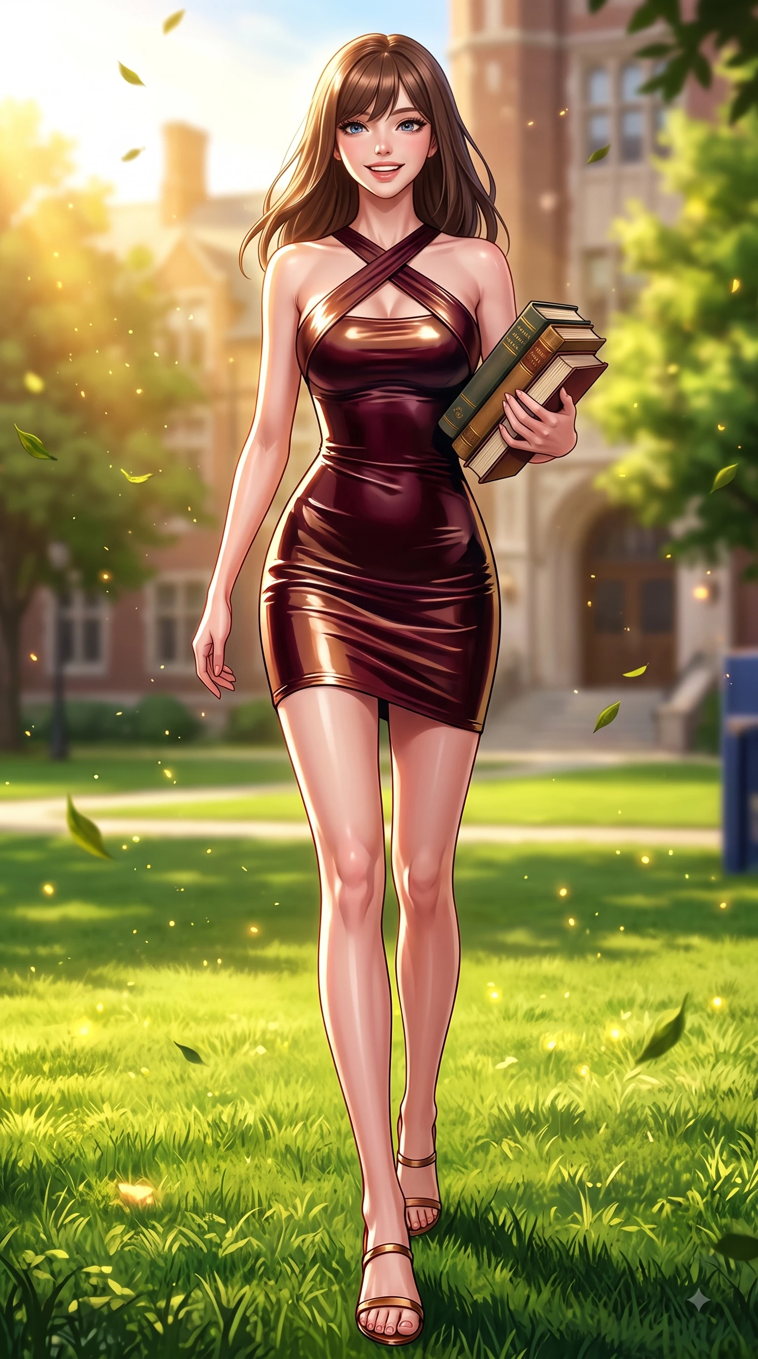 score_9, masterpiece, best quality, ultra-detailed, high-budget anime keyframe, editorial fashion photography, tasteful artistic composition, Korean woman. low angle full-body shot from head to toe showing her feet, filling the entire 9:16 vertical frame with her statuesque presence, stretching her vertical silhouette. forging dynamically through the scene with a fresh infectious smile, her ultra-slim waist creating a sweeping curve while walking happily across a lush green university campus lawn carrying a stack of hardcover textbooks, lush green quad lawn scattered with golden sunlight motes and fluttering leaves. She has an absolutely perfect, statuesque 8.5-heads proportion, an exceptionally tall and slender model-like female figure with impossibly long slender legs and an ultra-slim waist. sharp v-shaped jawline, high-bridge nose, intricate jewel-like eyes with depth, thick eyelashes, glossy lips with a natural sheen, flawlessly proportioned anatomical accuracy, natural body alignment, perfectly sculpted elegant limbs, clean dynamic posture without body distortion. wearing a precision-fitted liquid jersey bodycon dress with a graceful draped back in deep burgundy and bronze, tailored from high-gloss patent leather, complemented by criss-cross back straps highlighting her bare shoulders, the sleek second-skin texture accentuating her magnetic presence. illuminated by warm golden sunbursts and bright clear sky refractions. highly saturated vibrant anime colors, detailed shading with soft gradients, rich glossy textures, high-contrast stereoscopic depth, volumetric dynamic lighting, master piece, 9:16 ratio