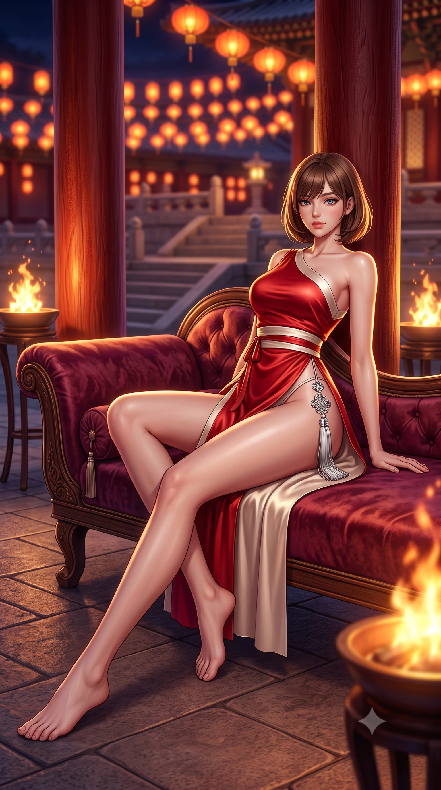 score_9, masterpiece, best quality, ultra-detailed, high-budget anime keyframe, semi-realistic 3D game render, editorial fashion photography, tasteful artistic composition, Caucasian woman. low angle full-body shot from head to toe showing her feet, filling the entire 9:16 vertical frame with her statuesque presence, stretching her vertical silhouette. reclining gracefully across the plush chaise lounge with one leg extended, her sculpted silhouette and flat midriff radiating magnetic nocturnal glamour while standing between massive vermilion pillars along the grand palace veranda, arching her lower back with sovereign queenly grace. The background shows a soft-focus hundreds of hanging royal festival lanterns and stone terrace stairways blurred into deep vermilion, gold, and indigo bokeh. She has an absolutely perfect, statuesque 8.5-heads proportion, an exceptionally tall and slender model-like female figure with impossibly long slender legs, an ultra-slim waist, a flat toned midriff, narrow delicate ribcage, and beautifully sculpted feminine hips creating a graceful, slim hourglass silhouette without any bulky heaviness. sharp v-shaped jawline, high-bridge nose, sparkling eyes with hypnotic seductive depth, thick curled eyelashes, glossy parted lips with a natural dewy peach sheen, alluring bedroom-eyes with an enchanting coquettish smile, exuding magnetic siren charisma and sophisticated glamour, flawlessly proportioned anatomical accuracy, strict slender model proportions, natural body alignment, perfectly sculpted long slender limbs, ultra-slim waistline, clean dynamic posture without body distortion. wearing an asymmetric one-shoulder modern hanbok tunic with dramatic side hip slit and delicate waist ribbons in royal vermilion crimson and pale ivory silk, crafted from fluid liquid silk satin that clings smoothly to every curve with a dewy sheen, accented with an intricate silver norigae tassel swaying gracefully along her curving hip line, the second-skin tailored fabric adhering flawlessly to her sculpted flat midriff and slender torso, emphasizing her long leg lines and perfectly proportioned willowy build. illuminated by brazier firelight fill and sharp golden rim lights sculpting her jawline, flat midriff, and voluptuous hip curves. highly saturated vibrant anime colors, detailed shading with soft gradients, rich glossy textures, high-contrast stereoscopic depth, volumetric dynamic lighting, master piece, 9:16 ratio