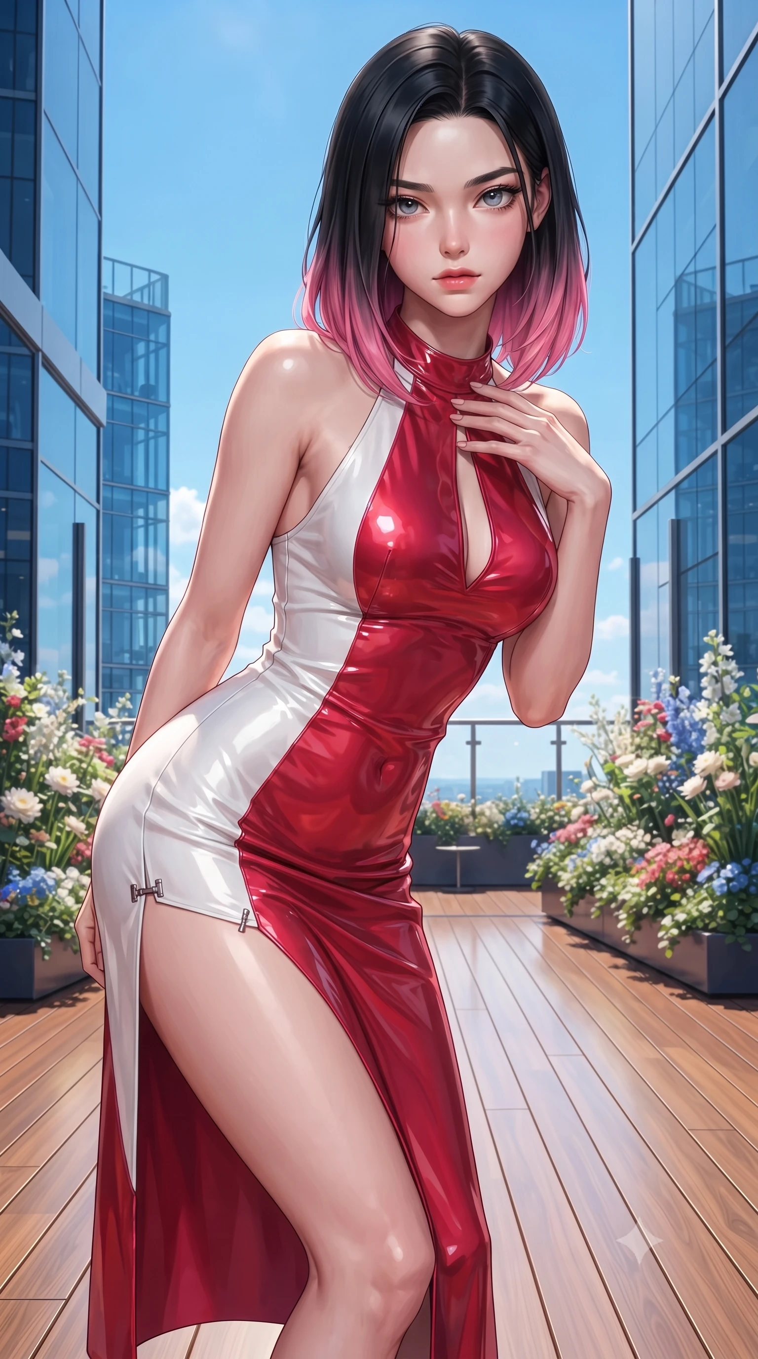 score_9, masterpiece, best quality, ultra-detailed, high-budget anime keyframe, editorial fashion photography, tasteful artistic composition, Korean woman. close-up cowboy shot from the waist and thighs up, the character dominates the composition, filling the frame with her large presence. leaning forward with a dangerous, enticing smolder, resting one hand near her collarbone while casting a fiery, magnetic direct gaze while stretching forward with an alluring S-curve silhouette on a polished wooden sky-deck in full daylight. The surrounding environment is rendered in vivid detail and crisp panoramic clarity. crisp architectural tower glass facets, detailed sky-garden flower arrangements, and endless blue sky in deep focus. She has an exceptionally elegant, slender, and willowy female figure with an ultra-slim waist, a gracefully sculpted slender torso, toned flat midriff, and a refined slim silhouette. sharp v-shaped jawline, high-bridge nose, intricate jewel-like eyes with depth, thick eyelashes, glossy lips with a natural sheen, flawlessly proportioned anatomical accuracy, strict slender model proportions, natural body alignment, perfectly sculpted long slender limbs, ultra-slim waistline, clean dynamic posture without body distortion. wearing a velvet halter-neck midi dress fitting her statuesque contour flawlessly with a Tasteful chest slit and open spine in radiant crimson silk and crisp snow white, formed from high-gloss patent material with specular light reflections, finished with an ultra-high side slit secured by miniature magnetic clasps, the sleek second-skin cut tightly hugging her graceful clavicle, narrow waist, and feminine curves with athletic precision. bathed in brilliant high-noon sunbursts and rich sky-blue ambient bounce light. ultra-reflective glossy finish, specular highlights, metallic sheen, high-contrast stereoscopic depth, volumetric dynamic lighting, 2k, ultra detail, master piece, 9:16 ratio