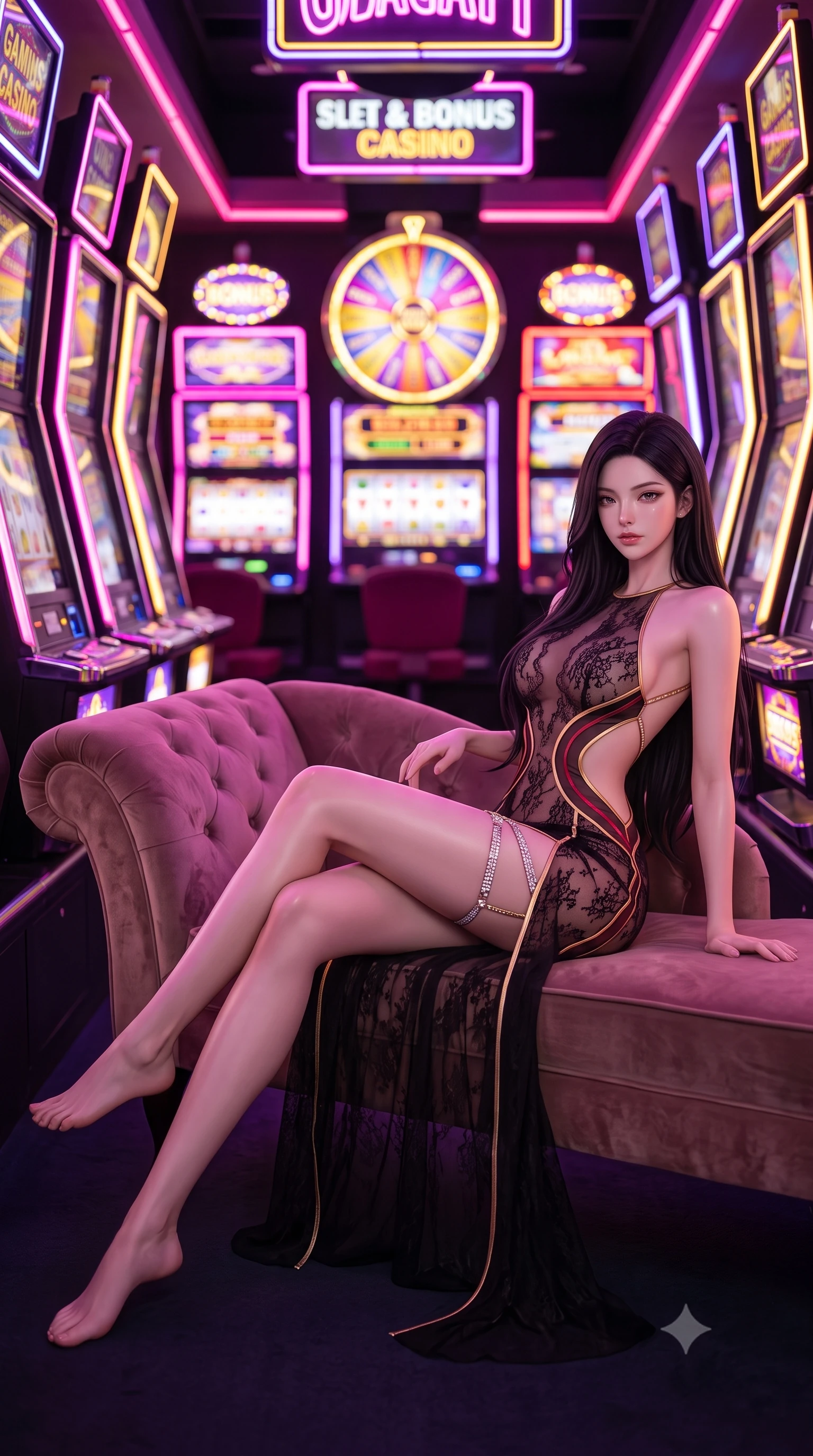 score_9, masterpiece, best quality, ultra-detailed, high-budget anime keyframe, semi-realistic 3D game render, editorial fashion photography, tasteful artistic composition, Korean woman. low angle full-body shot from head to toe showing her feet, filling the entire 9:16 vertical frame with her statuesque presence, stretching her vertical silhouette. reclining gracefully across the plush chaise lounge with one leg extended, her sculpted silhouette and flat midriff radiating magnetic nocturnal glamour while standing poised in the narrow neon gaming corridor, arching her spine as jackpot strobe lights flash across her curves. The background shows a soft-focus hundreds of flashing digital slot reels, spinning bonus wheels, and overhead neon signs blurred into electric fuchsia, gold, and violet bokeh. She has an absolutely perfect, statuesque 8.5-heads proportion, an exceptionally tall and slender model-like female figure with impossibly long slender legs, an ultra-slim waist, a flat toned midriff, narrow delicate ribcage, and beautifully sculpted feminine hips creating a graceful, slim hourglass silhouette without any bulky heaviness. sharp v-shaped jawline, high-bridge nose, sparkling eyes with hypnotic seductive depth, thick curled eyelashes, glossy parted lips with a natural dewy peach sheen, alluring bedroom-eyes with an enchanting coquettish smile, exuding magnetic siren charisma and sophisticated glamour, flawlessly proportioned anatomical accuracy, strict slender model proportions, natural body alignment, perfectly sculpted long slender limbs, ultra-slim waistline, clean dynamic posture without body distortion. wearing a provocative sheer illusion mesh gown with liquid gold ribbons contouring her flat midriff and curvaceous hips in rich cherry lacquer and smoky charcoal with gold piping, made of delicate semi-sheer French Chantilly lace with intricate eyelash edges, finished with delicate crystal-encrusted thigh garter straps glinting under the lights, the precision-cut side openings and low-back scoop framing her graceful spine and the sensual sweep of her slim, toned hips. bathed in rapid rhythmic multi-color neon pulses spilling from dozens of gaming machines. highly saturated vibrant anime colors, detailed shading with soft gradients, rich glossy textures, high-contrast stereoscopic depth, volumetric dynamic lighting, master piece, 9:16 ratio