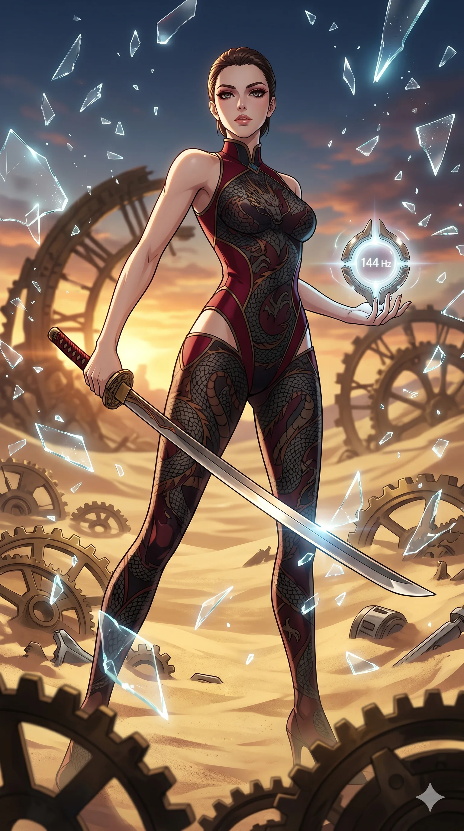 score_9, masterpiece, best quality, ultra-detailed, Set A: High-budget Anime Keyframe, Caucasian (strictly human ears) woman. Low angle cowboy shot filling the entire 9:16 frame with her statuesque presence. Drawing a blade through a clockwork desert, holding a relic that pulses with the frequency 144 and surrounded by shattered glass fragments. She has an absolutely perfect 8-heads proportion, an exceptionally tall and slender female figure with impossibly long slender legs and an ultra-slim waist. Sharp v-shaped jawline, high-bridge nose, intricate jewel-like eyes with depth, thick eyelashes, glossy lips with a natural sheen. Wearing Dragon-scale patterned bodysuit with a high-neck and strategic hip cut-outs. Cinematic lighting, vibrant colors, dramatic shadows, 2k, ultra detail, master piece, 9:16 ratio