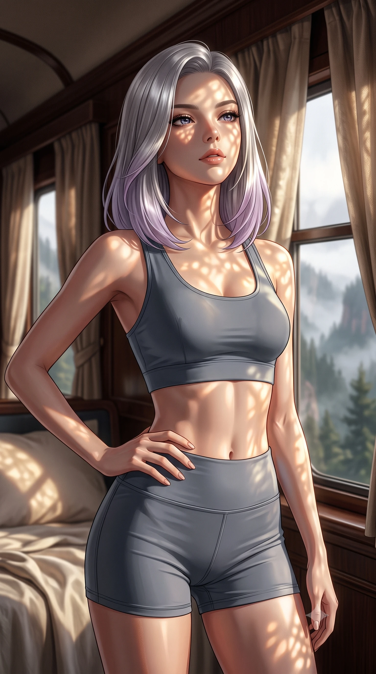 score_9, masterpiece, best quality, ultra-detailed, high-budget anime keyframe, editorial fashion photography, tasteful artistic composition, Caucasian woman. close-up cowboy shot from the waist and thighs up, the character dominates the composition, filling the frame with her large presence, background elements kept in soft focus. tilting her chin up slightly with lips parted in a composed, provocative expression the background shows a soft-focus a luxury sleeper berth with soft linen drapes and a view of misty forest canyons. She has an exceptionally elegant, slender, and willowy female figure with an ultra-slim waist, a gracefully sculpted slender torso, and a refined silhouette. sharp v-shaped jawline, high-bridge nose, intricate jewel-like eyes with depth, thick eyelashes, glossy lips with a natural sheen. wearing a form-contouring body-hugging athletic crop top and high-waisted shorts set in slate grey. dappled sunlight filtering through the window as the train passes trees. ultra-reflective glossy finish, specular highlights, metallic sheen, high-contrast stereoscopic depth, volumetric dynamic lighting, 2k, ultra detail, master piece, 9:16 ratio