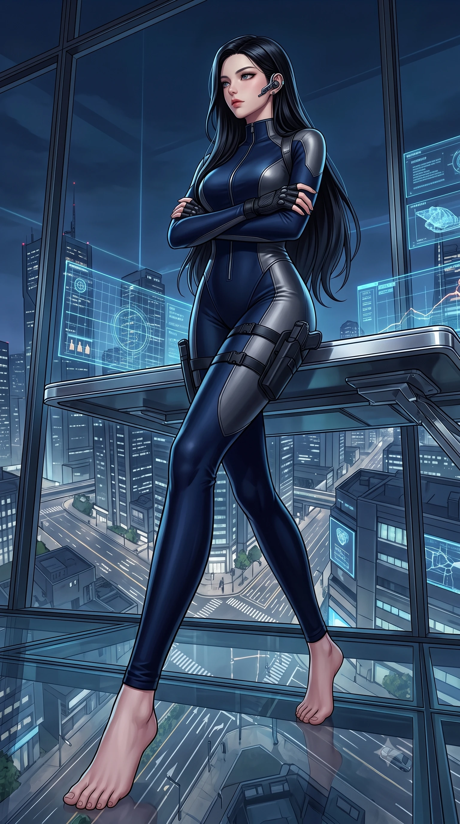 score_9, masterpiece, best quality, ultra-detailed, high-budget anime keyframe, semi-realistic 3D game render, editorial fashion photography, tasteful artistic composition, Korean woman. low angle full-body shot from head to toe showing her feet, filling the entire 9:16 vertical frame with her statuesque presence, stretching her vertical silhouette. striding forward in a proud, dynamic supermodel runway stride, her statuesque vertical silhouette commanding the entire frame while sitting on the edge of a floating chrome desk with arms folded loosely, gazing through the one-way panoramic glass into the night. The surrounding environment is rendered in vivid detail and crisp panoramic clarity. intricate cybernetic earpiece components, city street layouts visible 100 floors below, and telemetry grids in high clarity. She has an absolutely perfect, statuesque 8.5-heads proportion, an exceptionally tall and slender model-like female figure with impossibly long slender legs, a toned flat midriff, and an ultra-slim waist. sharp v-shaped jawline, high-bridge nose, intricate jewel-like eyes with depth, thick eyelashes, glossy lips with a natural sheen, captivating and magnetic expression, flawlessly proportioned anatomical accuracy, strict slender model proportions, natural body alignment, perfectly sculpted long slender limbs, ultra-slim waistline, clean dynamic posture without body distortion. wearing a sophisticated covert-ops catsuit with liquid jersey panels and quick-draw thigh holsters in deep midnight blue and brushed gunmetal, tailored from fluid silk crepe with inner ballistic reinforcement, finished with discreet carbon fiber knuckle guards and matte black buckles, the sleek tailored cut tightly hugging her graceful clavicle, narrow waist, and feminine curves with statuesque precision. surrounded by a mastermind, elite, and dangerously seductive intelligence director aura. highly saturated vibrant anime colors, detailed shading with soft gradients, rich glossy textures, high-contrast stereoscopic depth, volumetric dynamic lighting, master piece, 9:16 ratio