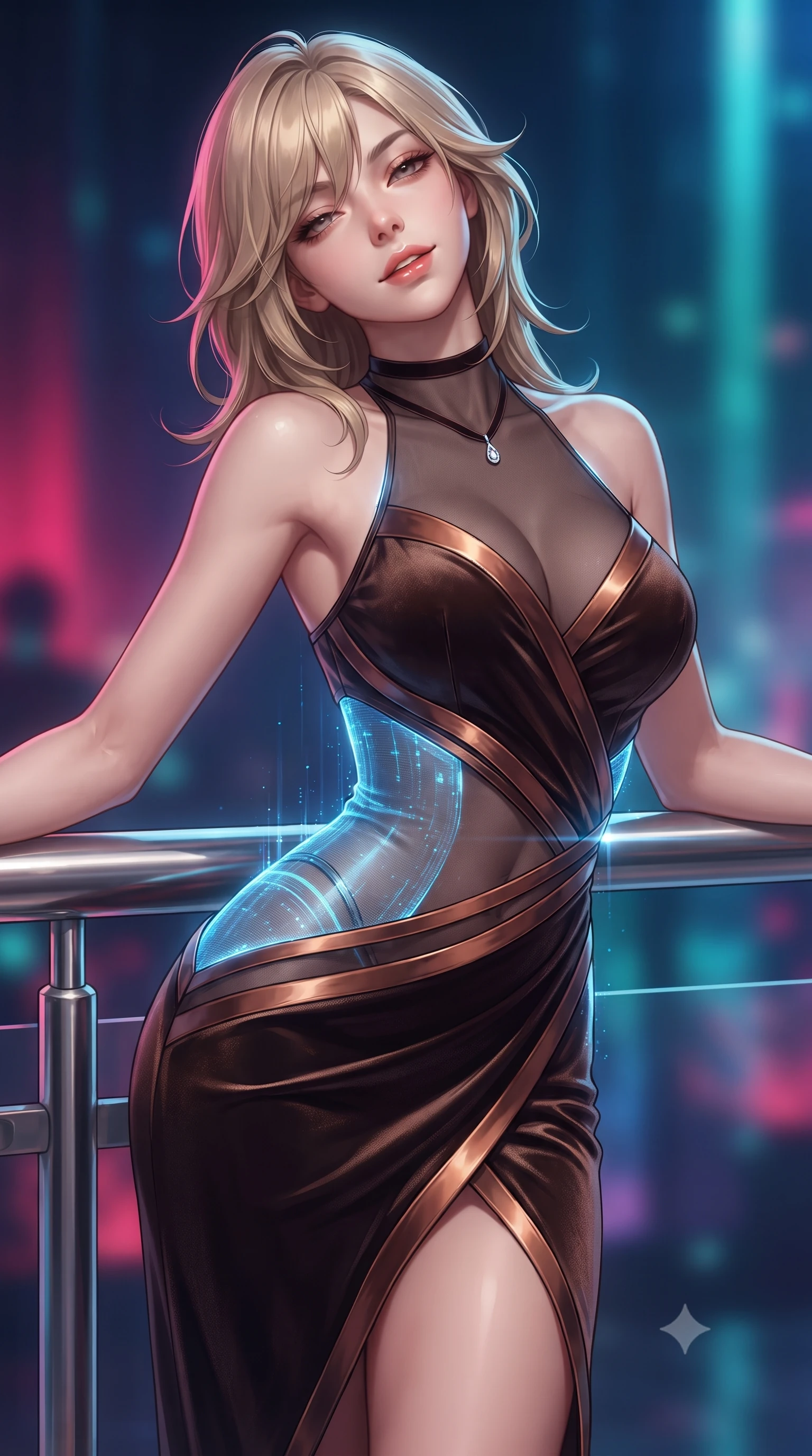 score_9, masterpiece, best quality, ultra-detailed, high-budget anime keyframe, editorial fashion photography, tasteful artistic composition, Japanese woman. close-up cowboy shot from the waist and thighs up, the character dominates the composition, filling the frame with her large presence. leaning back against the balustrade with relaxed seductive grace, head tilted back slightly while casting a hypnotic, heavy-lidded gaze while twisting her slender torso in an alluring S-curve, cascading blue holographic water data streams tracing her flat midriff, waist, and hips. The background shows a soft-focus submerged fiber-optic lights softened in avant-garde sci-fi shallow focus. She has an exceptionally elegant, slender, and willowy female figure with an ultra-slim waist, flat toned midriff, narrow ribcage, and sculpted feminine hips creating an alluring, slim hourglass silhouette without bulk. sharp v-shaped jawline, high-bridge nose, sparkling eyes with hypnotic seductive depth, thick curled eyelashes, glossy parted lips with a natural dewy peach sheen, alluring bedroom-eyes with an enchanting coquettish smile, exuding magnetic siren charisma and sophisticated glamour, flawlessly proportioned anatomical accuracy, strict slender model proportions, natural body alignment, perfectly sculpted long slender limbs, ultra-slim waistline, clean dynamic posture without body distortion. wearing a provocative high-neck sheer illusion cocktail dress with liquid satin ribbons contouring her curves in sultry espresso bronze and metallic copper, tailored from ultra-plush velvet with rich tactile depth and deep shadow gradients, finished with a thin velvet ribbon choker and a single teardrop diamond pendant, the high-slit wrap tailoring accentuating her ultra-slim waistline and the enchanting curve of her feminine hips with alluring seductive charm. illuminated by basin water specular reflections and sharp electric-cyan rim lights defining her delicate clavicles, narrow waist, and curvy hips. ultra-reflective glossy finish, specular highlights, rich textural contrasts, high-contrast stereoscopic depth, volumetric dynamic lighting, 2k, ultra detail, master piece, 9:16 ratio