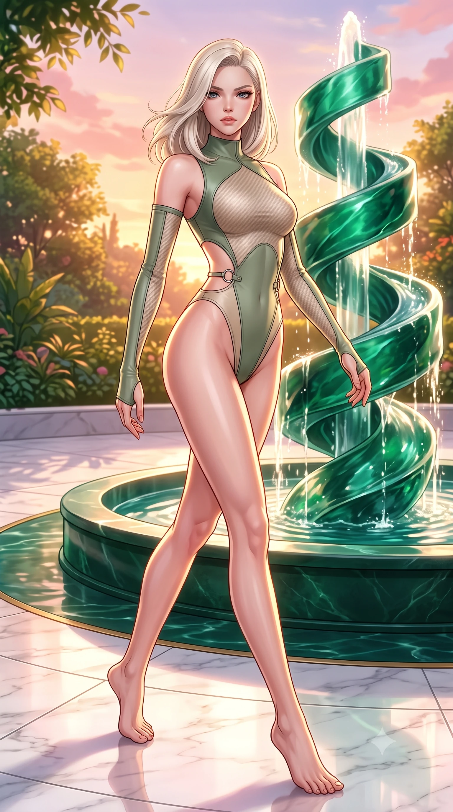 score_9, masterpiece, best quality, ultra-detailed, high-budget anime keyframe, editorial fashion photography, tasteful artistic composition, Caucasian woman. low angle full-body shot from head to toe showing her feet, filling the entire 9:16 vertical frame with her statuesque presence, stretching her vertical silhouette. forging dynamically through the scene with her long slender legs and ultra-slim waist creating a sweeping S-curve while pivoting dynamically near an emerald spiral fountain in a sunlit sky garden, soft rose-gold and amber sunset light reflecting off polished white marble. She has an absolutely perfect, statuesque 8.5-heads proportion, an exceptionally tall and slender model-like female figure with impossibly long slender legs and an ultra-slim waist. sharp v-shaped jawline, high-bridge nose, intricate jewel-like eyes with depth, thick eyelashes, glossy lips with a natural sheen, flawlessly proportioned anatomical accuracy, natural body alignment, perfectly sculpted elegant limbs, clean dynamic posture without body distortion. wearing an asymmetrical high-cut tech-bodysuit with detached sleeves in sage green and oatmeal, made of fine carbon-fiber weave and soft matte leather, accented with delicate chrome ring hardware framing her waist, the sleek second-skin texture accentuating her magnetic presence. illuminated by soft glowing sunset radiance with dramatic golden rim highlights. highly saturated vibrant anime colors, detailed shading with soft gradients, rich glossy textures, high-contrast stereoscopic depth, volumetric dynamic lighting, master piece, 9:16 ratio