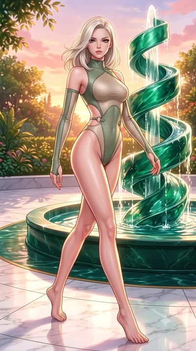 score_9, masterpiece, best quality, ultra-detailed, high-budget anime keyframe, editorial fashion photography, tasteful artistic composition, Caucasian woman. low angle full-body shot from head to toe showing her feet, filling the entire 9:16 vertica