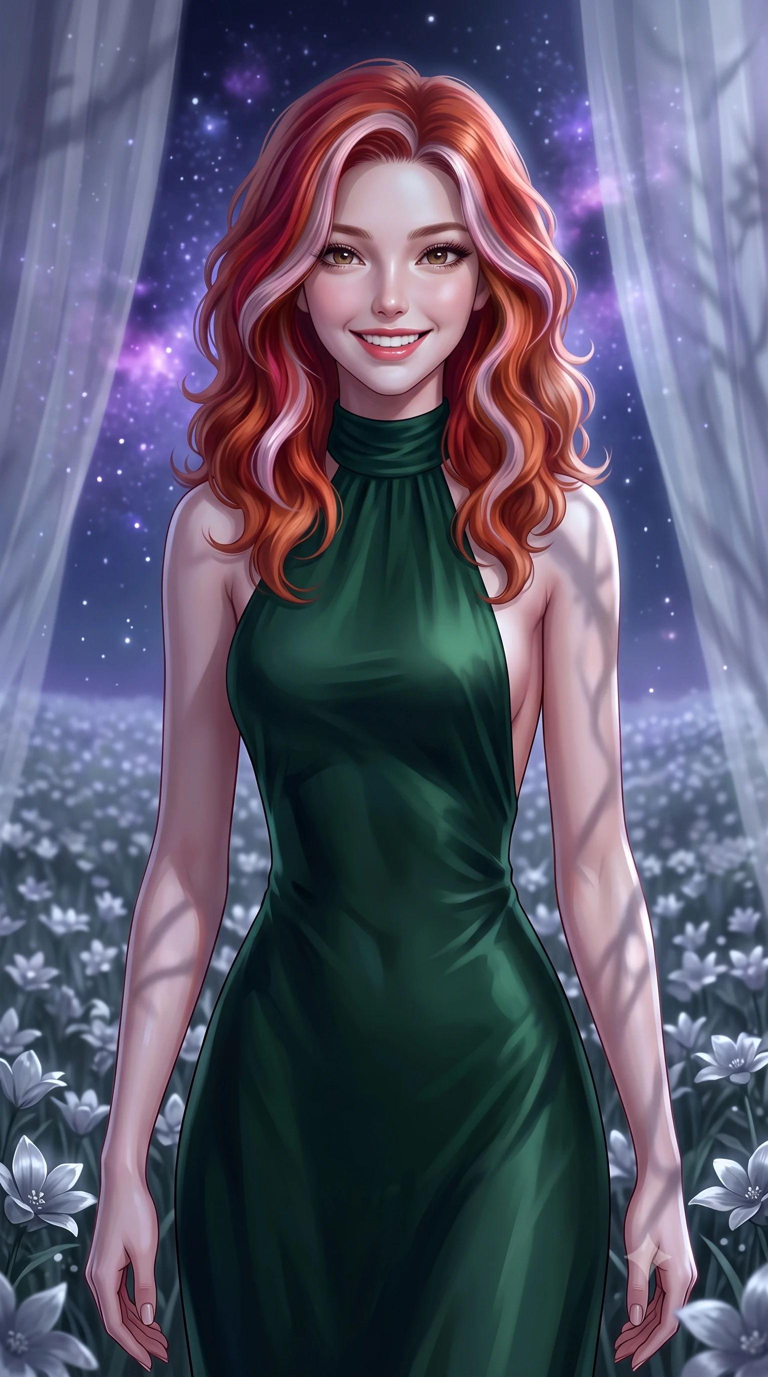 score_9, masterpiece, best quality, ultra-detailed, high-budget anime keyframe, editorial fashion photography, tasteful artistic composition, Caucasian woman, strictly human ears. close-up cowboy shot from the waist and thighs up, the character dominates the composition, filling the frame with her large presence, background elements kept in soft focus. Beaming with a wide, friendly smile that lights up her entire face. set against a soft-focus background of in an endless field of silver flowers swaying in the night breeze under a sky filled with glowing violet nebulae and falling stardust. She has an exceptionally elegant, slender, and willowy female figure with a highly-defined ultra-slim waist, a gracefully sculpted slender torso, and a refined slim-fit silhouette that contours her form. sharp v-shaped jawline, high-bridge nose, intricate jewel-like eyes with depth, thick eyelashes, glossy lips with a natural sheen. wearing a backless halter-neck silk dress in deep forest green, flowing elegantly along her slender figure. cold silver moonlight filtered through translucent gossamer curtains casting delicate shadows. 2k, ultra detail, master piece, 9:16 ratio