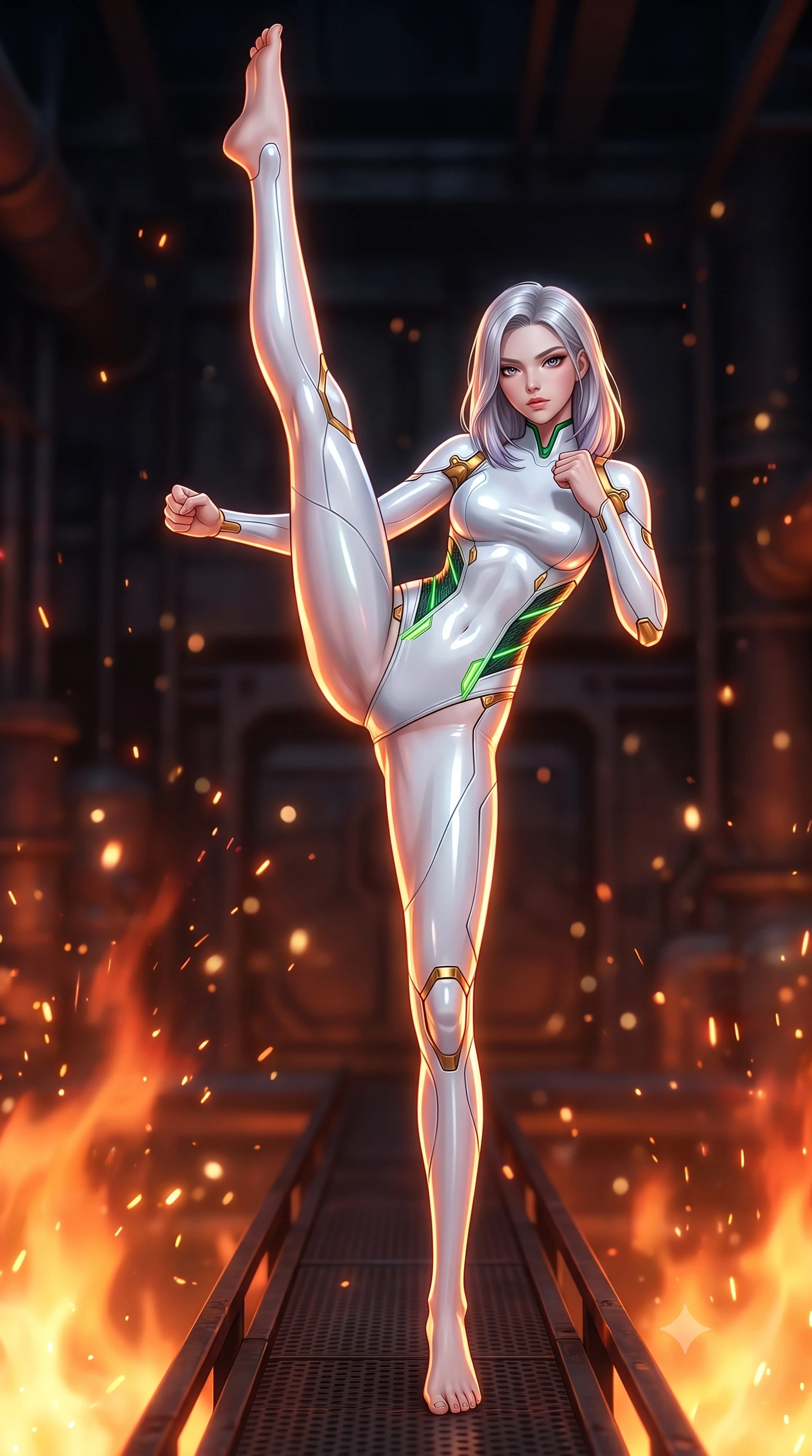 score_9, masterpiece, best quality, ultra-detailed, high-budget anime keyframe, semi-realistic 3D game render, editorial fashion photography, tasteful artistic composition, Caucasian woman. low angle full-body shot from head to toe showing her feet, filling the entire 9:16 vertical frame with her statuesque presence, stretching her vertical silhouette. executing a breathtaking zero-gravity high-kick with full 180-degree vertical extension, her impossibly long slender legs dominating the frame with razor-sharp poise while striding commanding across the narrow catwalk with arms held in loose, deadly martial readiness. The composition keeps background elements in soft focus with creamy bokeh. blazing thermal air ripples and sparks scattering glowing light motes across a dark industrial backdrop. She has an absolutely perfect, statuesque 8.5-heads proportion, an exceptionally tall and slender model-like female figure with impossibly long slender legs, a toned flat midriff, and an ultra-slim waist. sharp v-shaped jawline, high-bridge nose, intricate jewel-like eyes with depth, thick eyelashes, glossy lips with a natural sheen, flawlessly proportioned anatomical accuracy, strict slender model proportions, natural body alignment, perfectly sculpted long slender limbs, ultra-slim waistline, clean dynamic posture without body distortion. wearing a form-contouring arctic white carbon-composite martial arts leotard with solar gold articulation joints and diagonal midriff vents in emerald green carbon composite with glowing lime laser channels, formed from high-gloss patent carbon-plating with specular chiaroscuro reflections, finished with high-mobility flexible limb seams and miniature magnetic armor locks, the glove-like aerodynamic second-skin fit tightly clinging to her ultra-slender waist and athletic curves without adding bulk, accentuating her razor-sharp statuesque lines and slim hourglass silhouette. bathed in blazing orange magma uplights and warm amber reactor ambient radiance. rich saturated anime colors with glowing neon highlights, detailed shading with soft gradients, rich glossy textures, high-contrast stereoscopic depth, volumetric dynamic lighting, master piece, 9:16 ratio